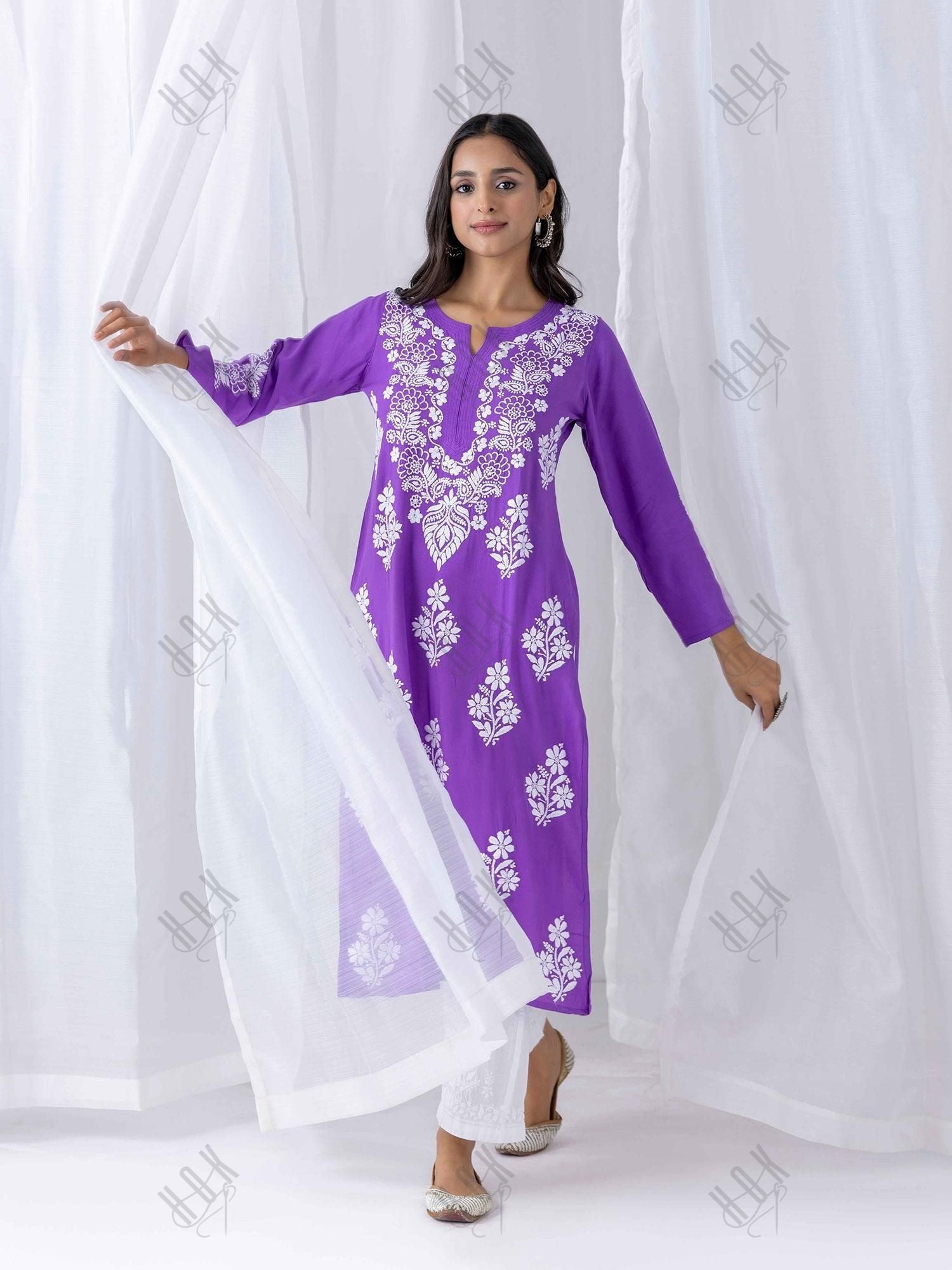 Fizaa Hand Embroidered Chikankari Kurta in Purple - House Of Kari (Chikankari Clothing)