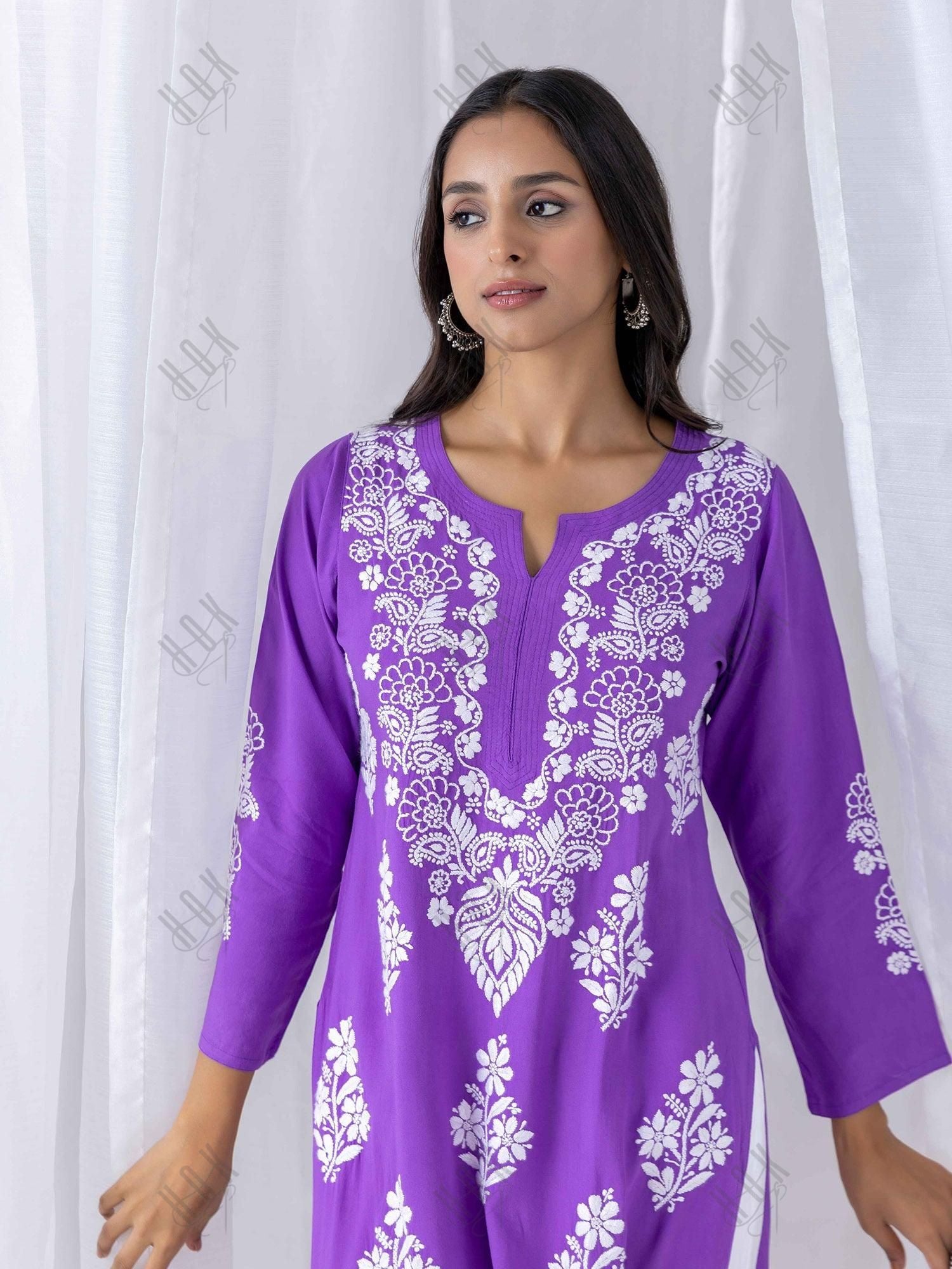 Fizaa Hand Embroidered Chikankari Kurta in Purple - House Of Kari (Chikankari Clothing)