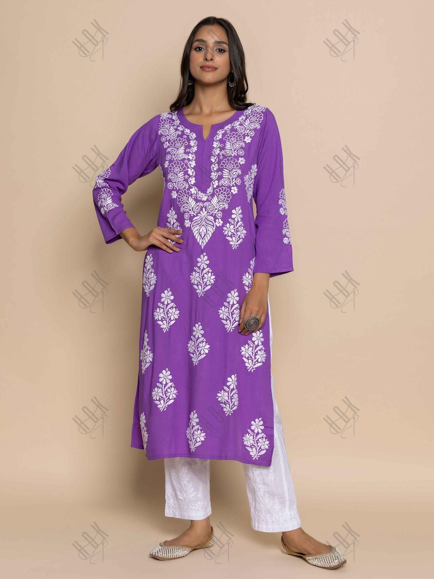 Fizaa Hand Embroidered Chikankari Kurta in Purple - House Of Kari (Chikankari Clothing)