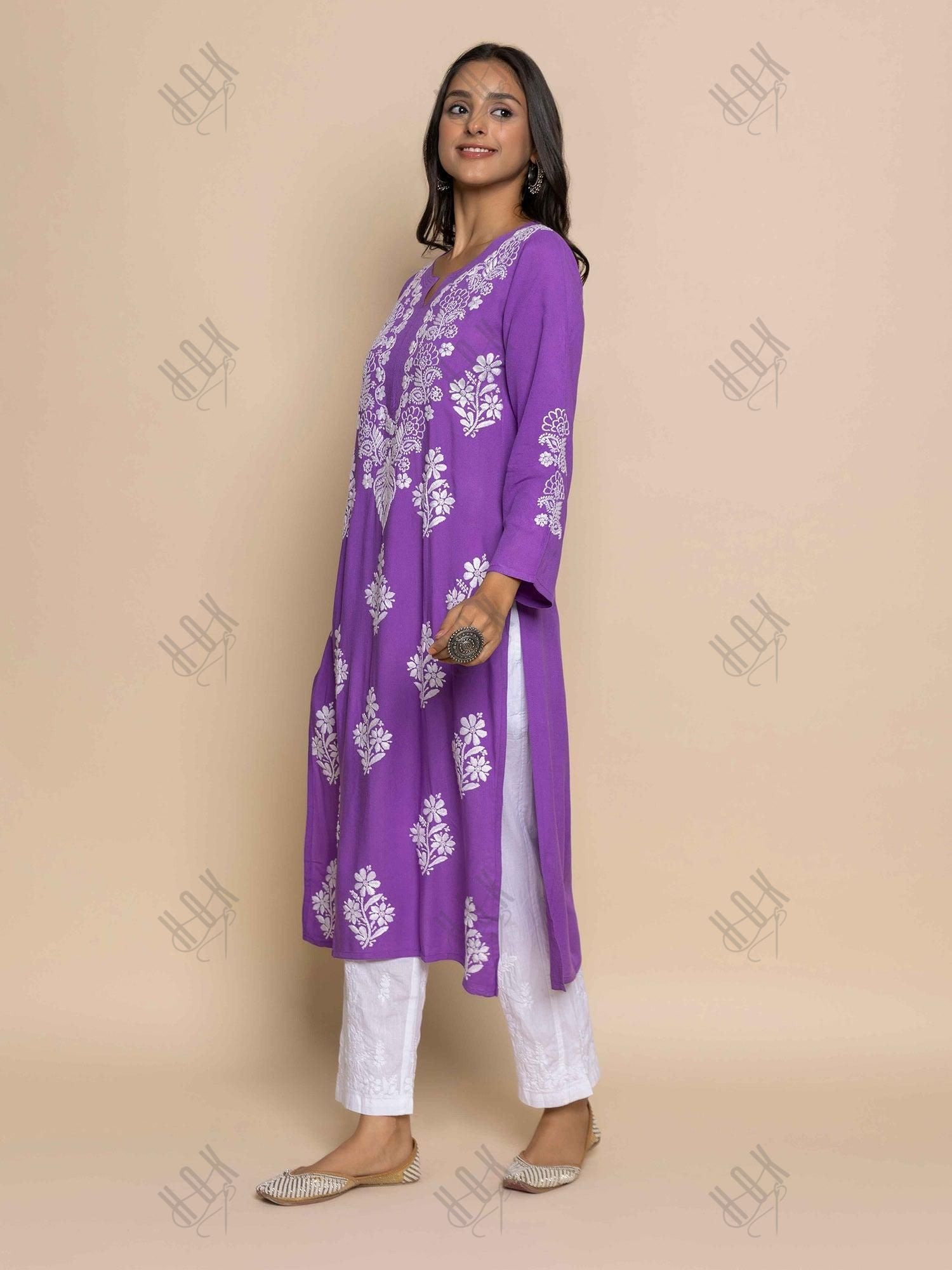 Fizaa Hand Embroidered Chikankari Kurta in Purple - House Of Kari (Chikankari Clothing)