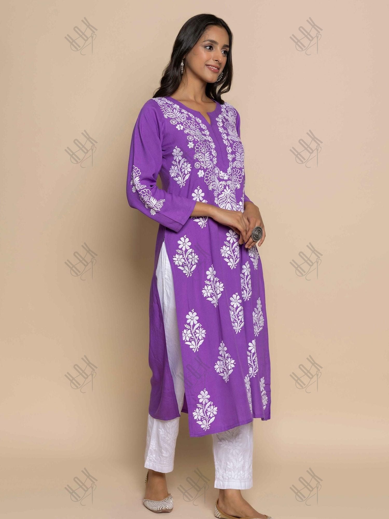 Fizaa Hand Embroidered Chikankari Kurta in Purple - House Of Kari (Chikankari Clothing)