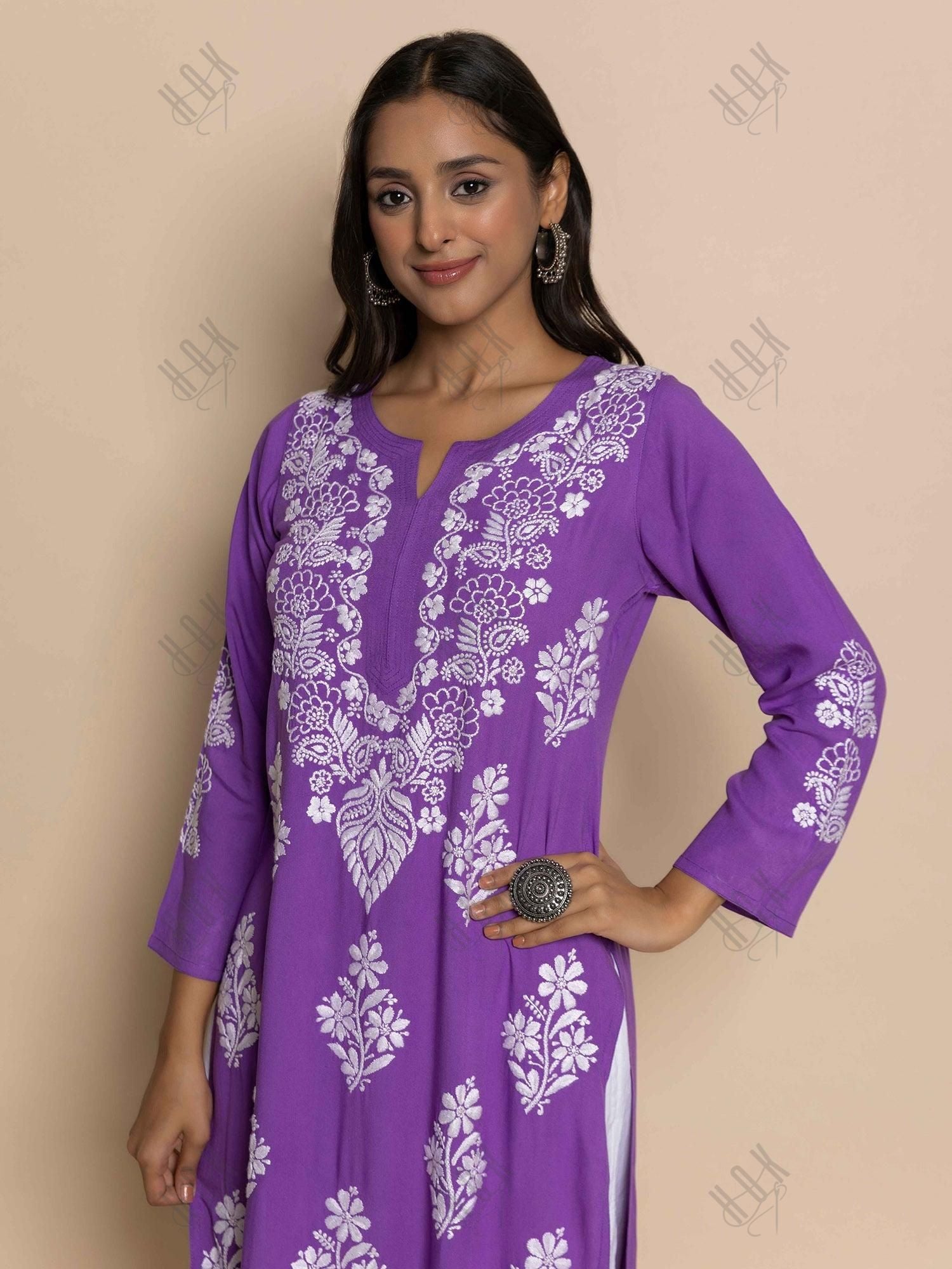 Fizaa Hand Embroidered Chikankari Kurta in Purple - House Of Kari (Chikankari Clothing)