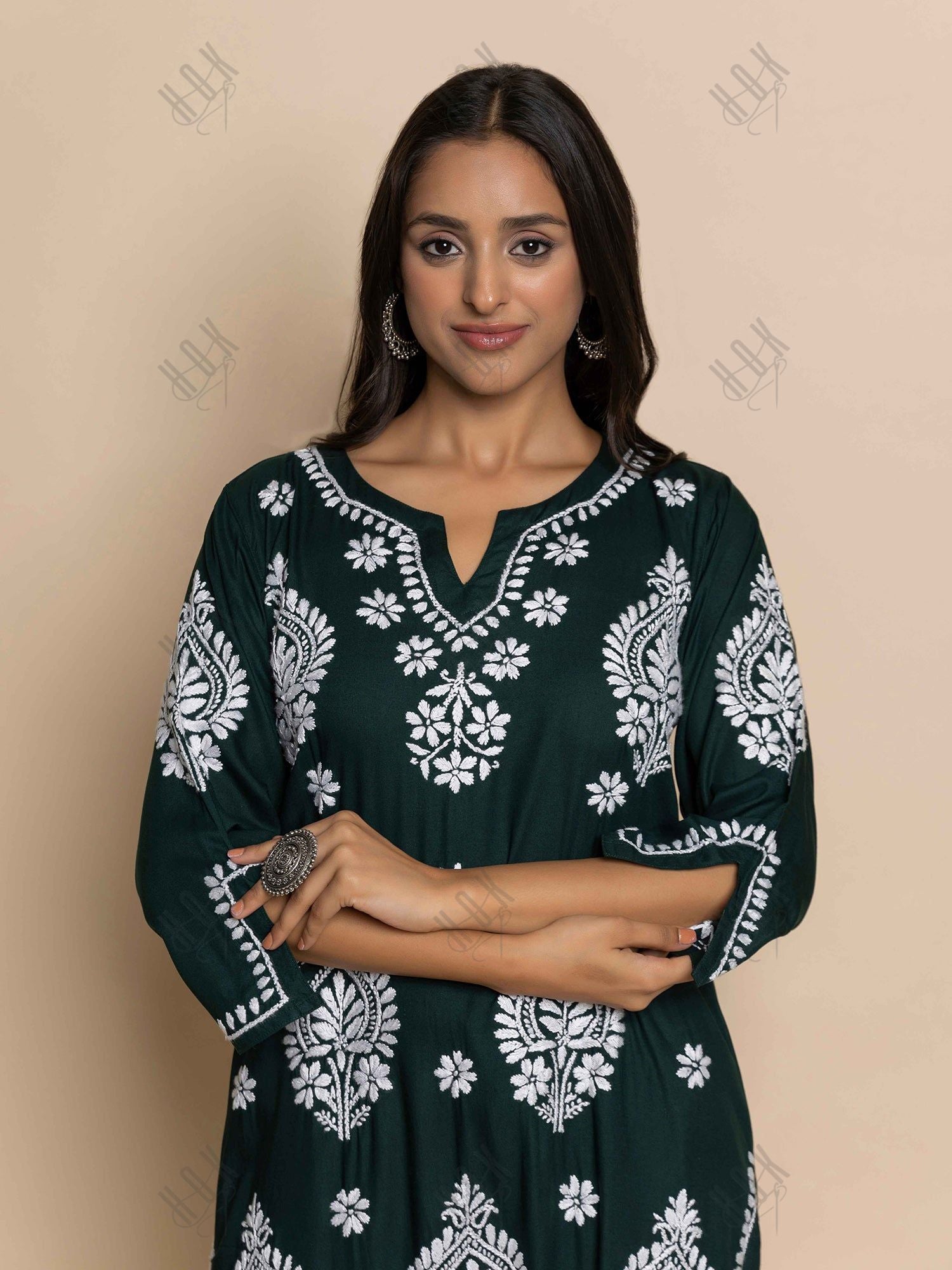 Fizaa Chikankari Kurta in Rayon Cotton Notch Neck Sea Green