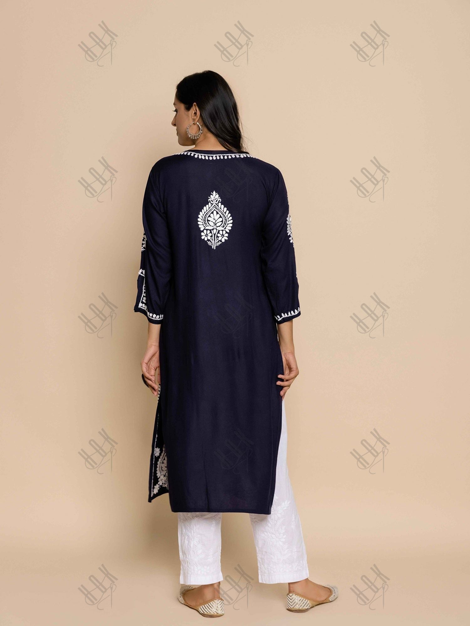 Fizaa Chikankari Kurta in Rayon Cotton Notch Neck Navy blue