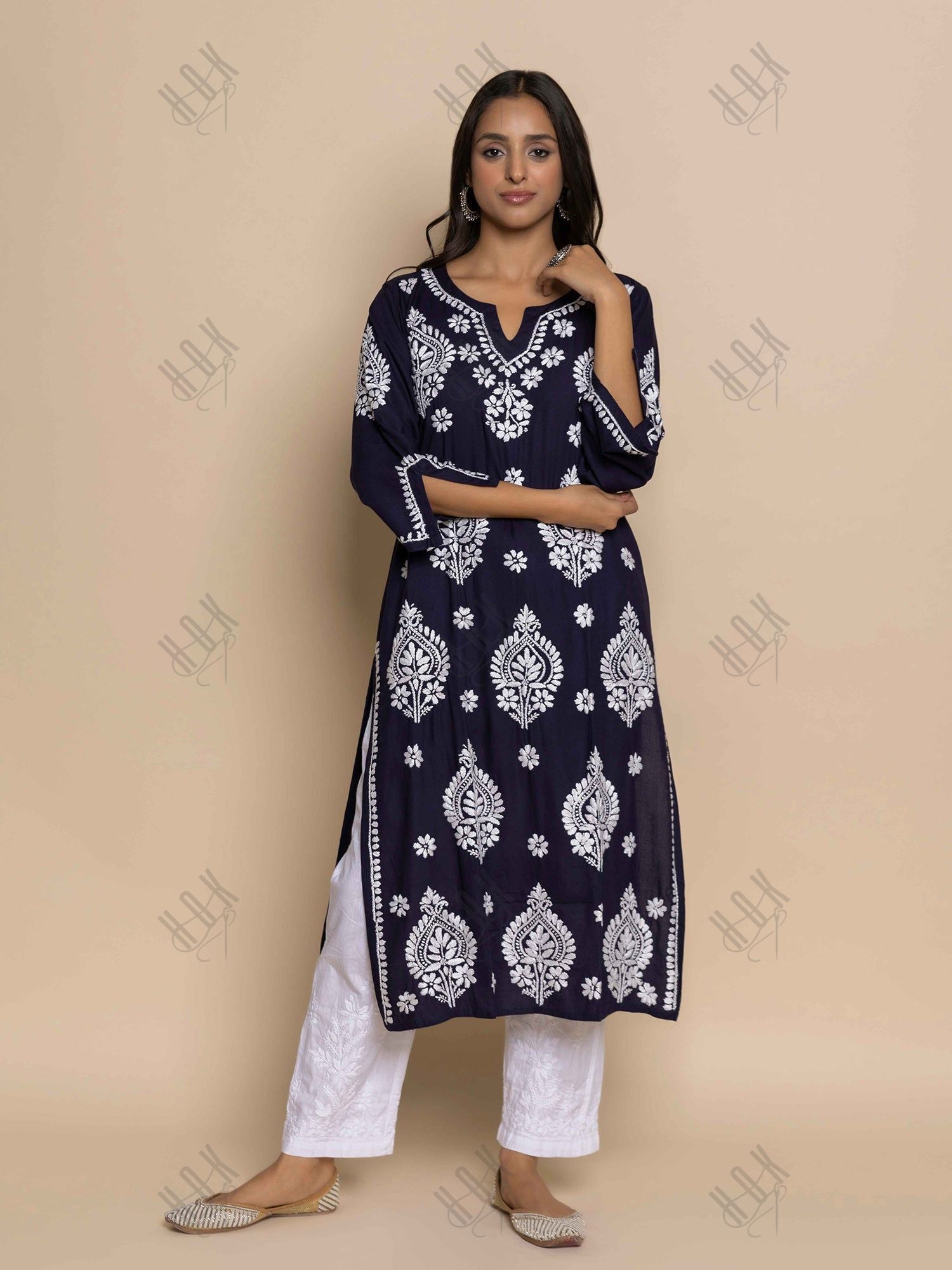 Fizaa Chikankari Kurta in Rayon Cotton Notch Neck Navy blue