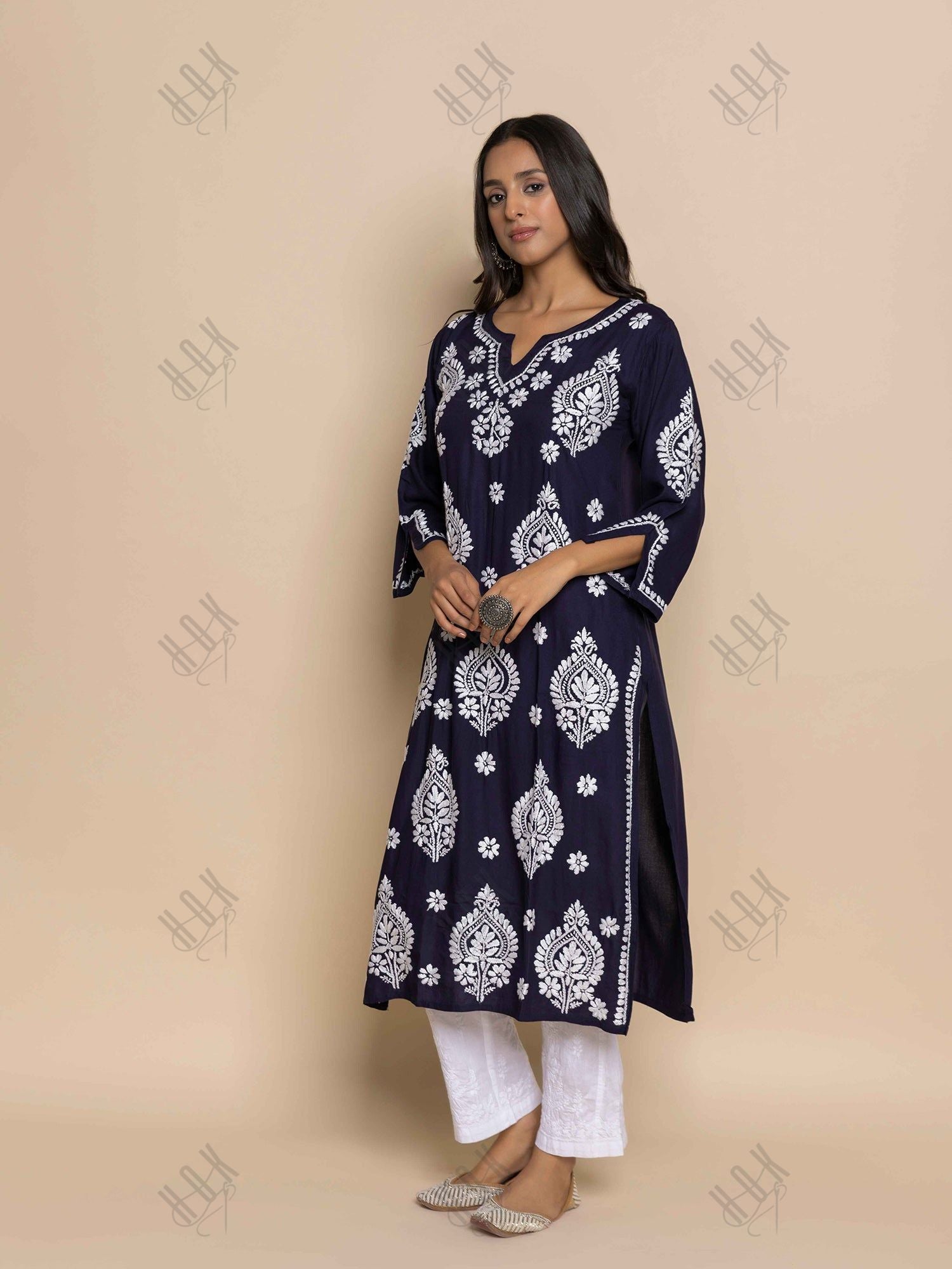 Fizaa Chikankari Kurta in Rayon Cotton Notch Neck Navy blue