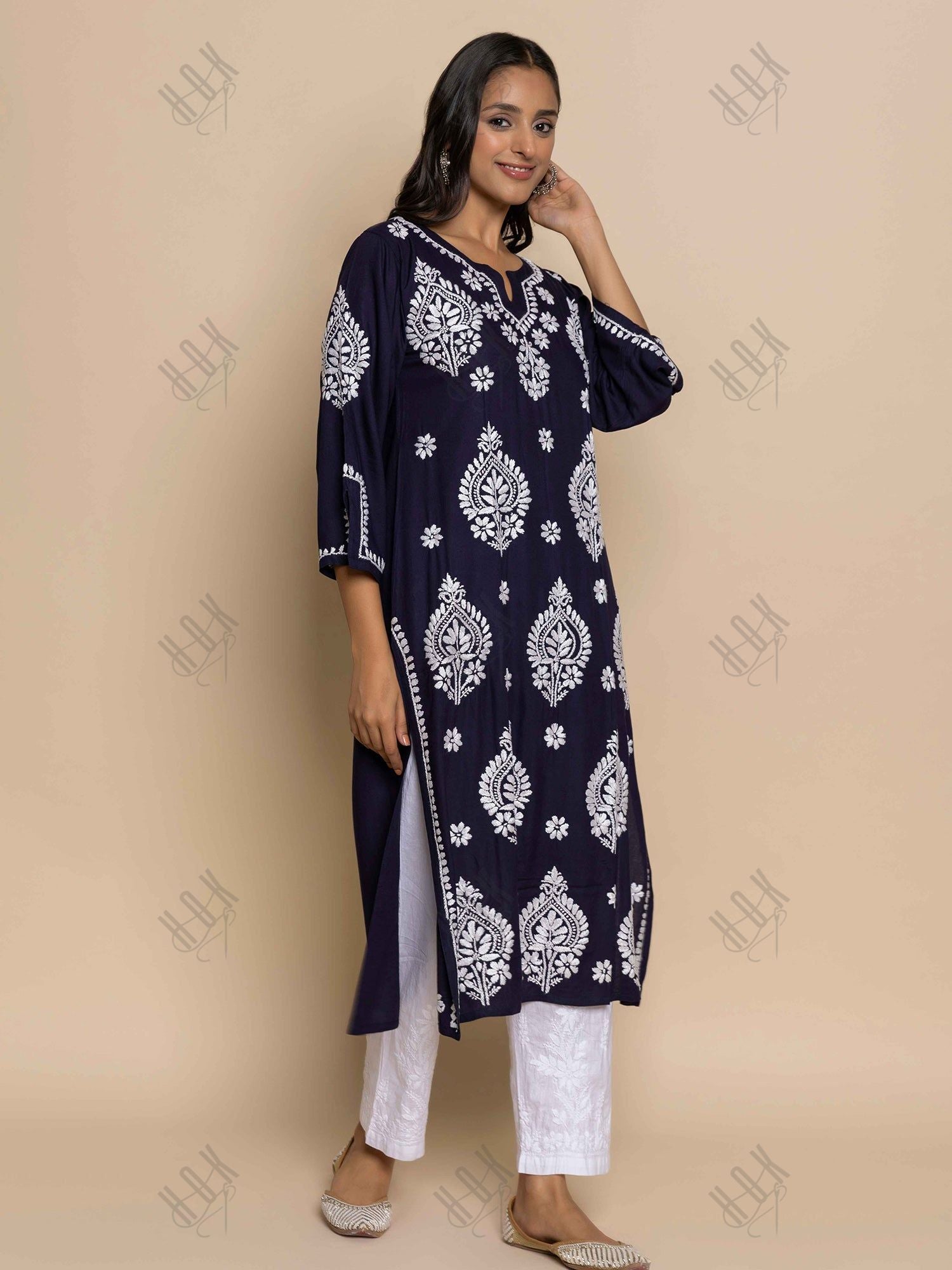 Fizaa Chikankari Kurta in Rayon Cotton Notch Neck Navy blue