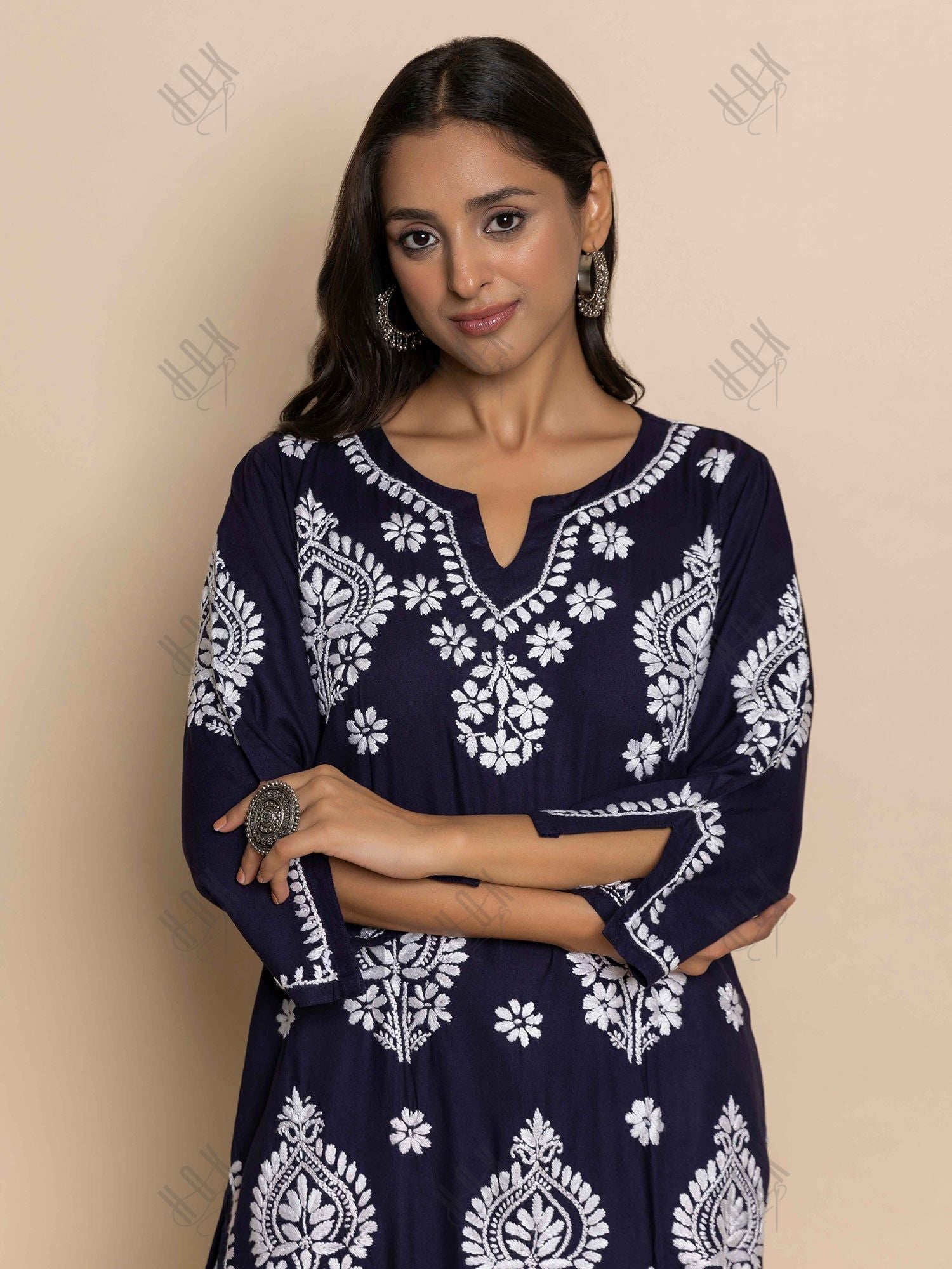 Fizaa Chikankari Kurta in Rayon Cotton Notch Neck Navy blue