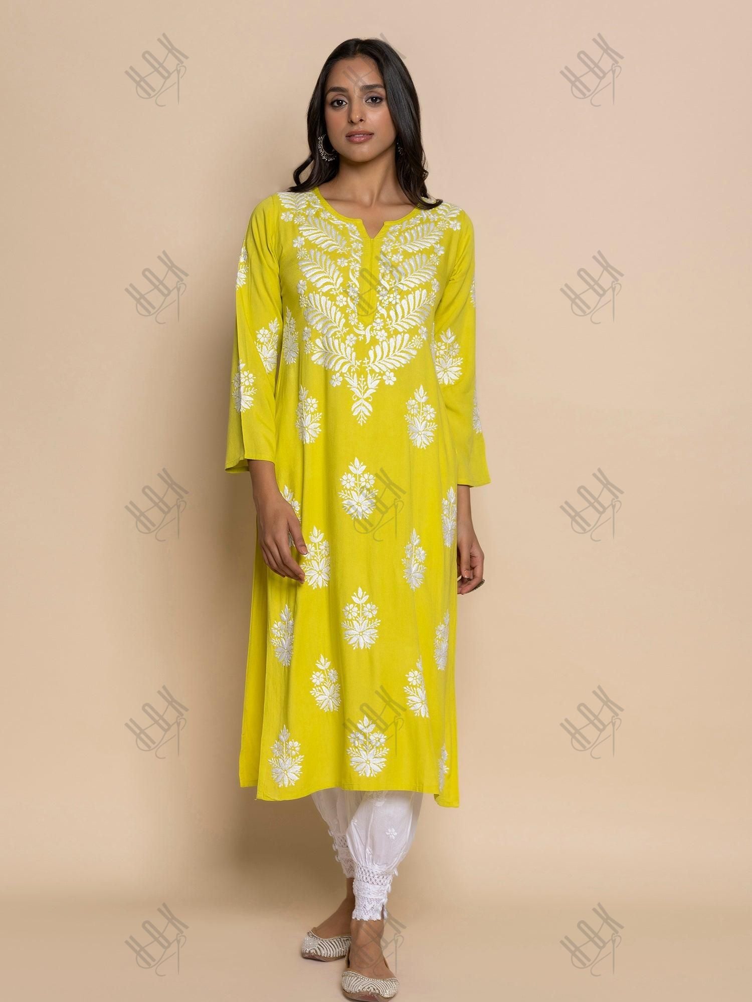 Fizaa chikankari Kurta in Lemon Green - House Of Kari (Chikankari Clothing)