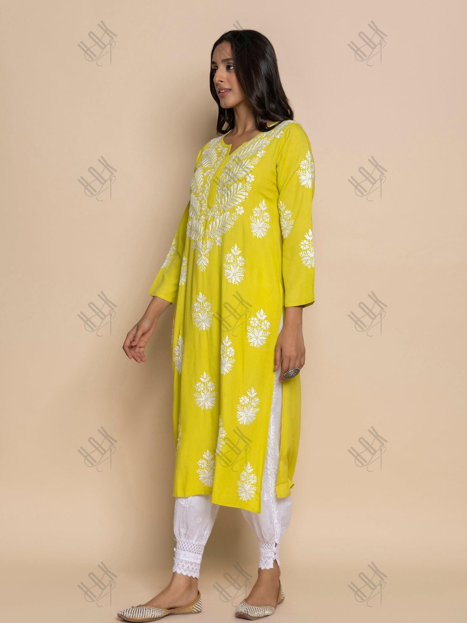 Fizaa chikankari Kurta in Lemon Green - House Of Kari (Chikankari Clothing)