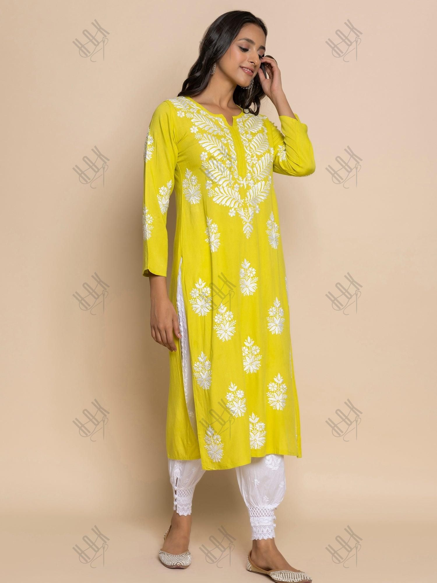 Fizaa chikankari Kurta in Lemon Green - House Of Kari (Chikankari Clothing)