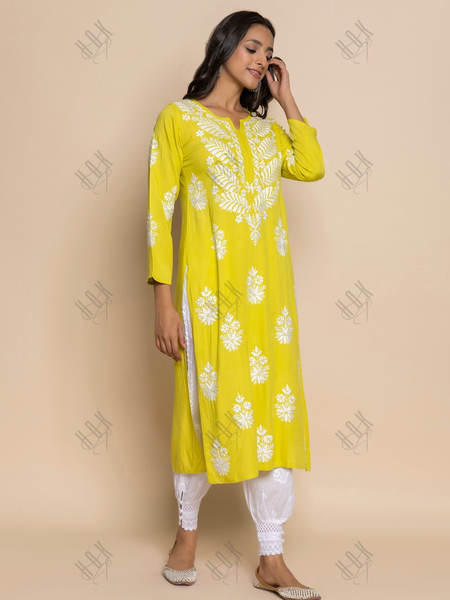 Shivani in chikankari Kurta in Lemon Green