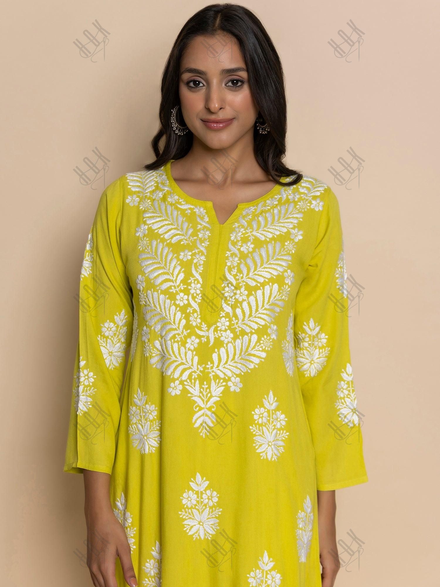 Fizaa chikankari Kurta in Lemon Green - House Of Kari (Chikankari Clothing)