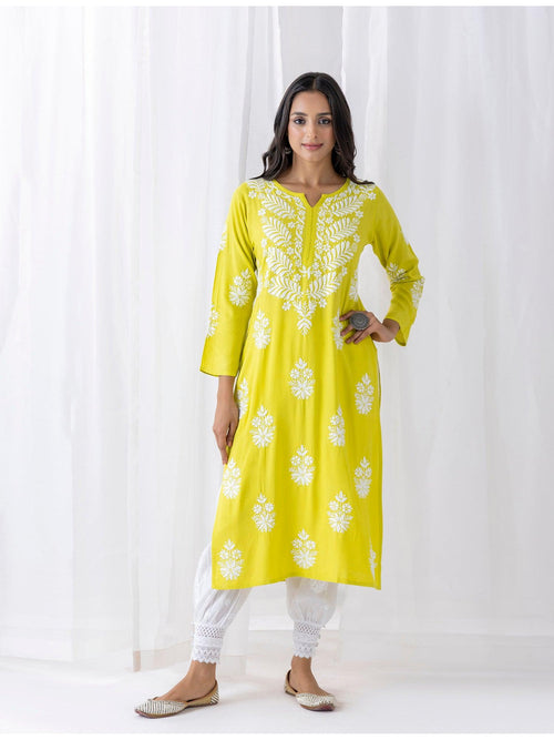 Buy online Lemon Green Embroidered Cotton Kurta from Kurta Kurtis for Women  by Aawari for ₹429 at 0% off | 2024 Limeroad.com