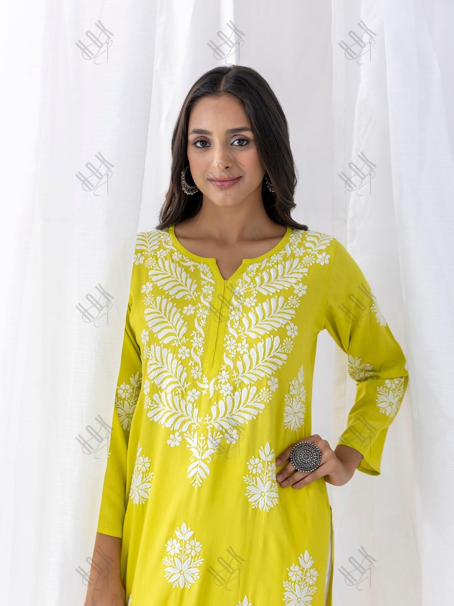 Fizaa chikankari Kurta in Lemon Green - House Of Kari (Chikankari Clothing)