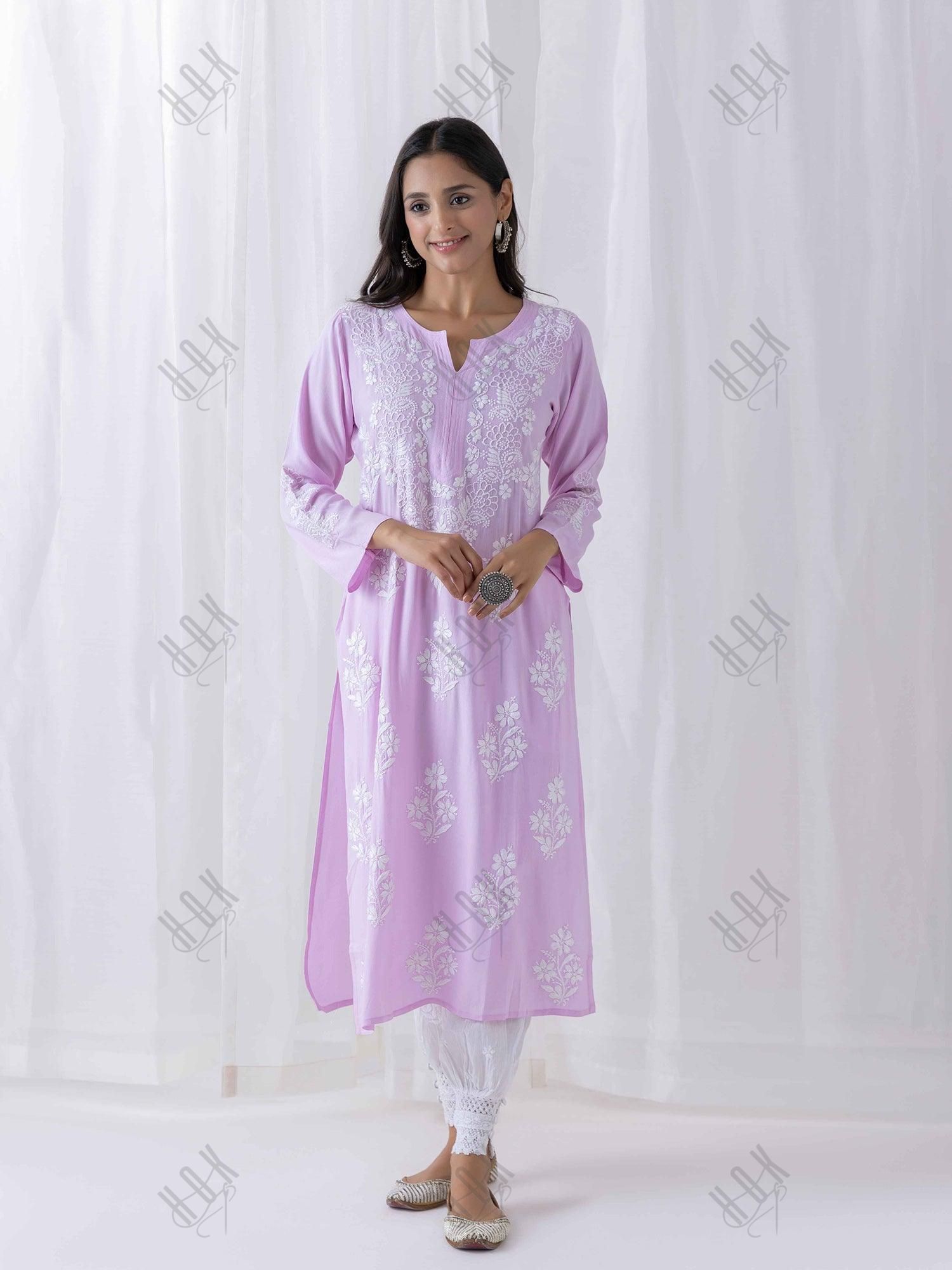 Fizaa Hand Embroidered Chikankari Kurta in Pink - House Of Kari (Chikankari Clothing)