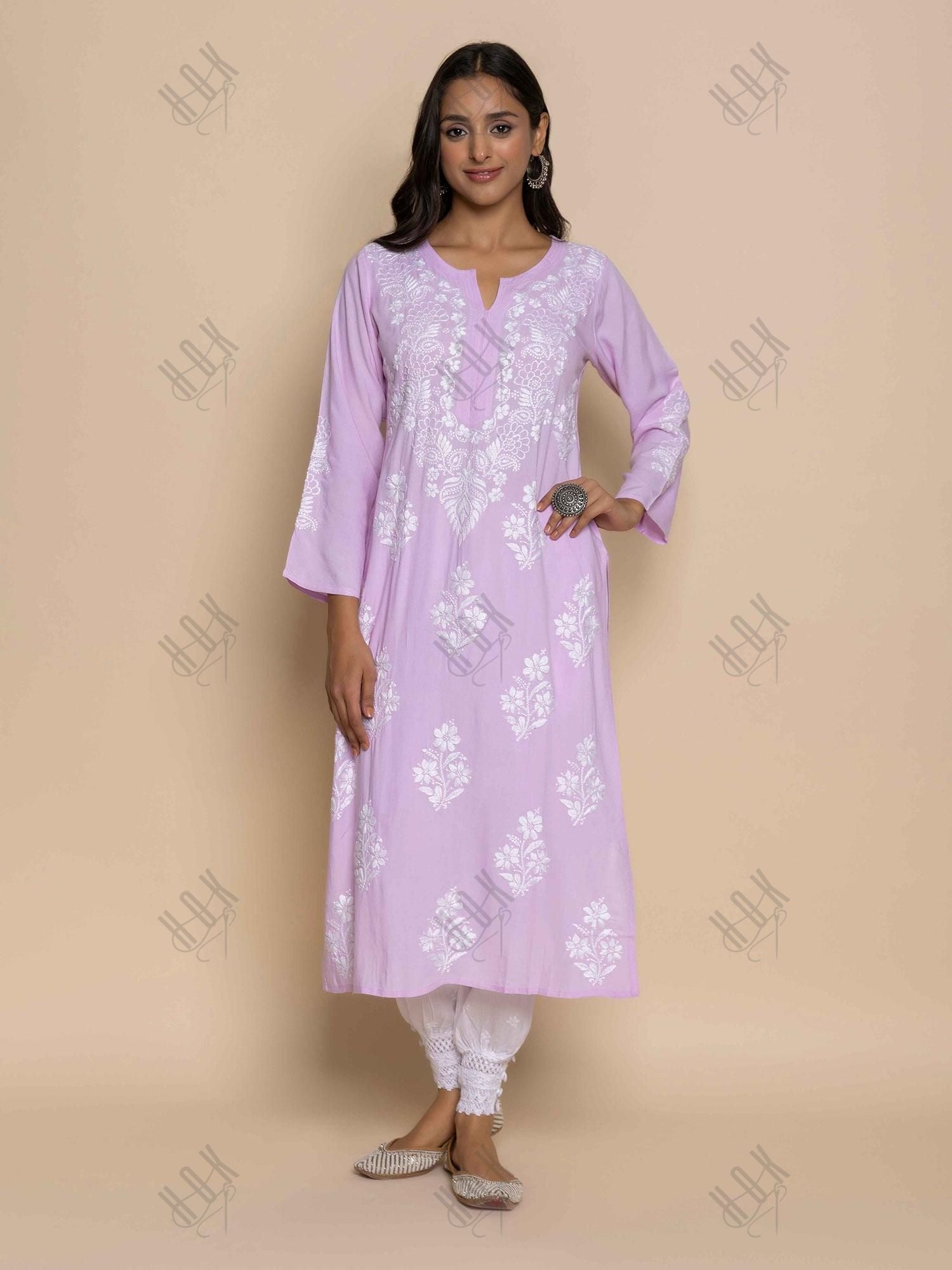 Fizaa Hand Embroidered Chikankari Kurta in Pink - House Of Kari (Chikankari Clothing)