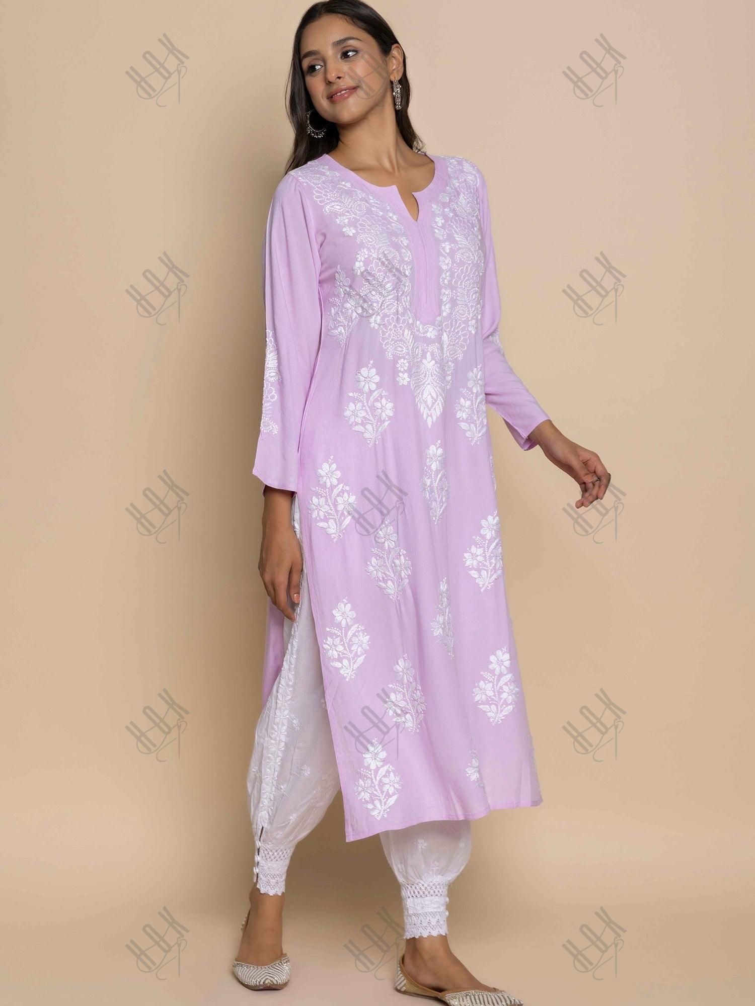 Fizaa Hand Embroidered Chikankari Kurta in Pink - House Of Kari (Chikankari Clothing)