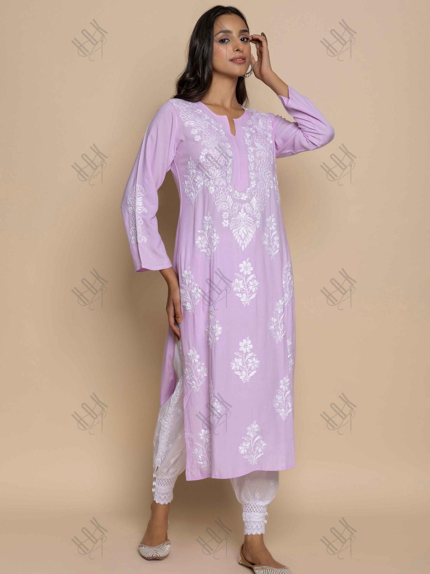 Fizaa Hand Embroidered Chikankari Kurta in Pink - House Of Kari (Chikankari Clothing)