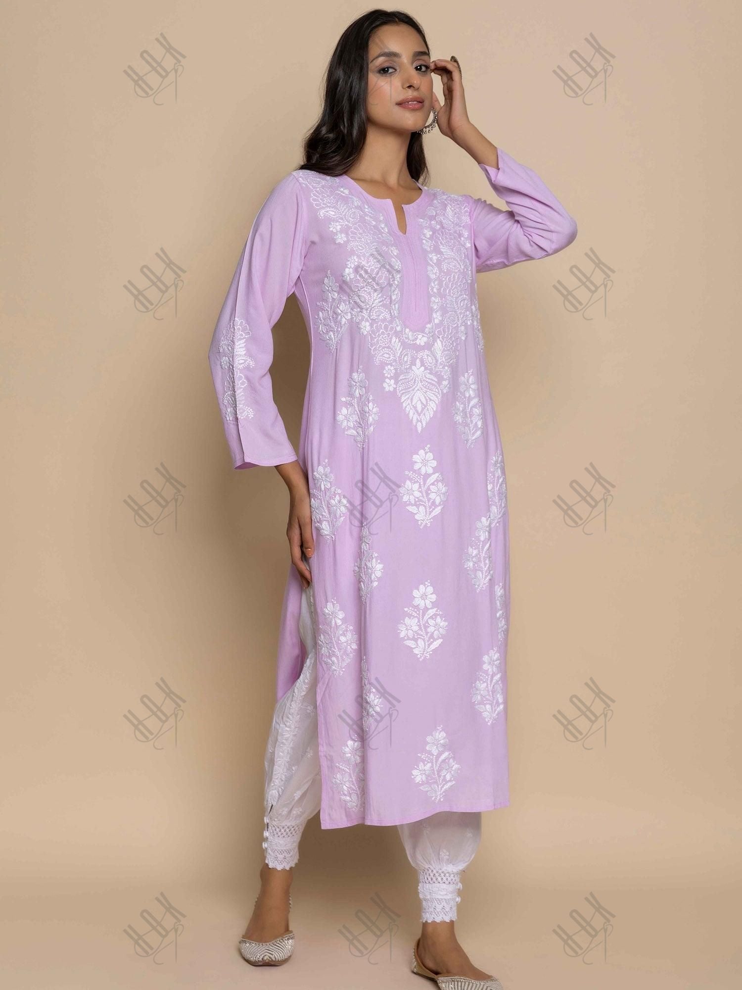 Batool in Fizaa Hand Embroidered Chikankari Kurta in Pink - House Of Kari (Chikankari Clothing)