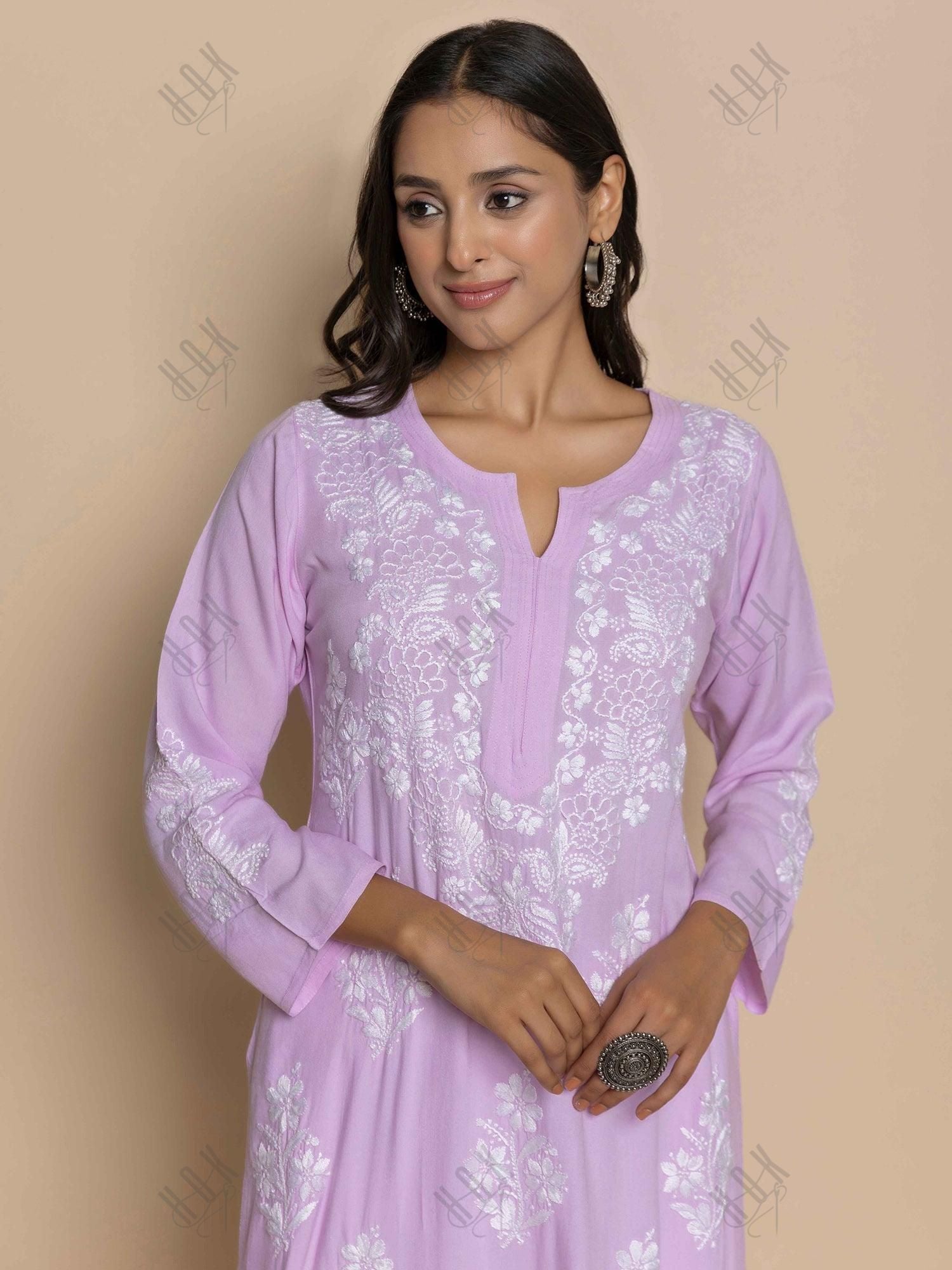 Fizaa Hand Embroidered Chikankari Kurta in Pink - House Of Kari (Chikankari Clothing)