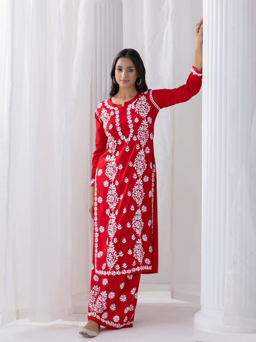 Mohopreet in chikankari Kurta in Modal cotton with Notch Neck Red