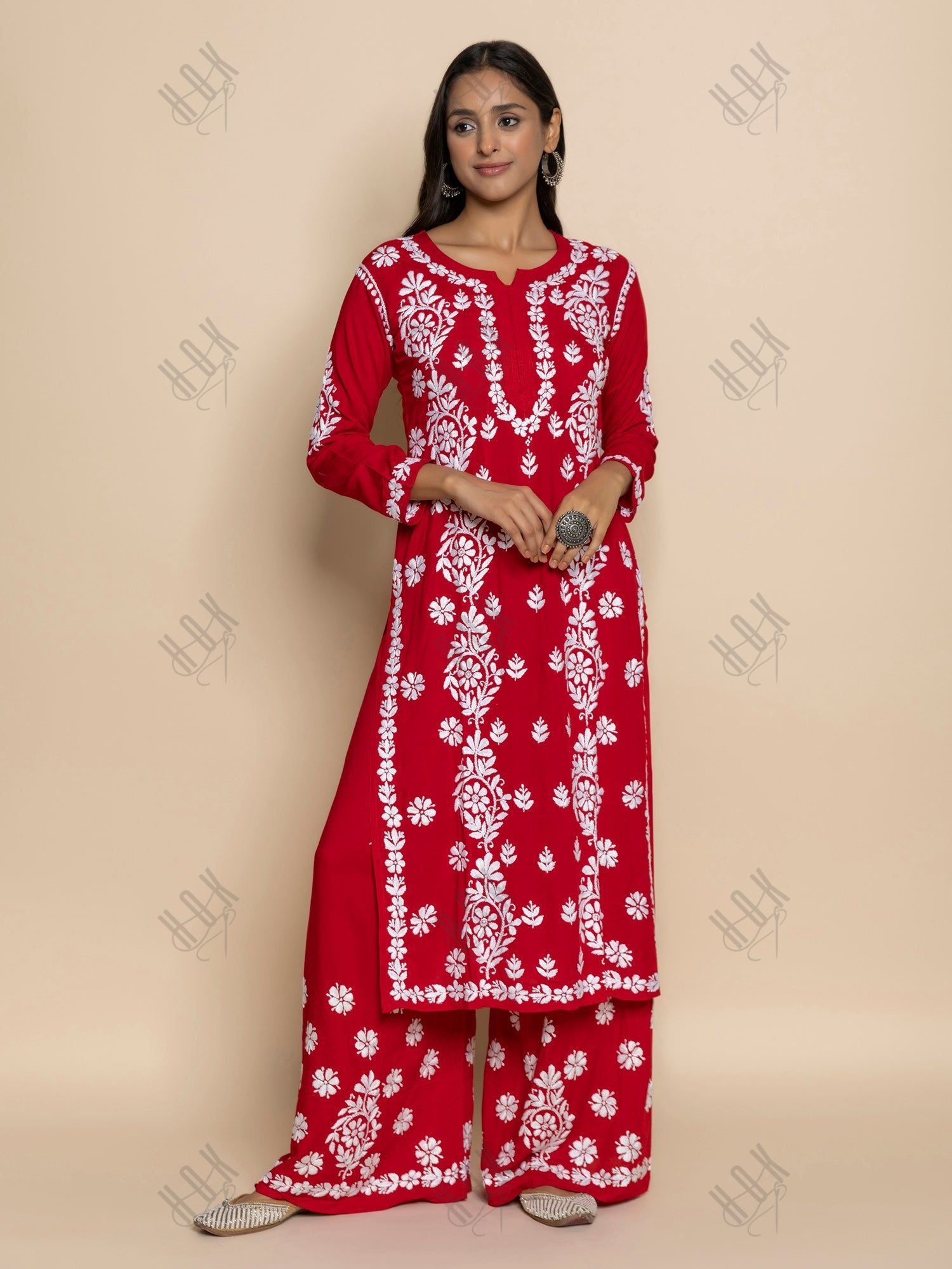 Fizaa chikankari Kurta in Modal cotton with Notch Neck Red