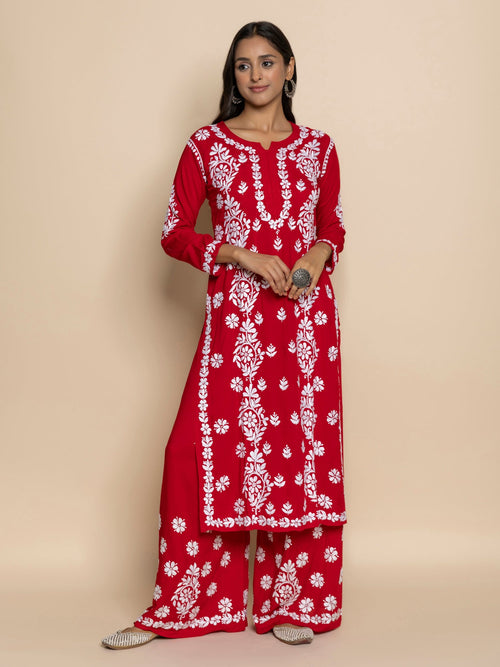 Mohopreet in chikankari Kurta in Modal cotton with Notch Neck Red