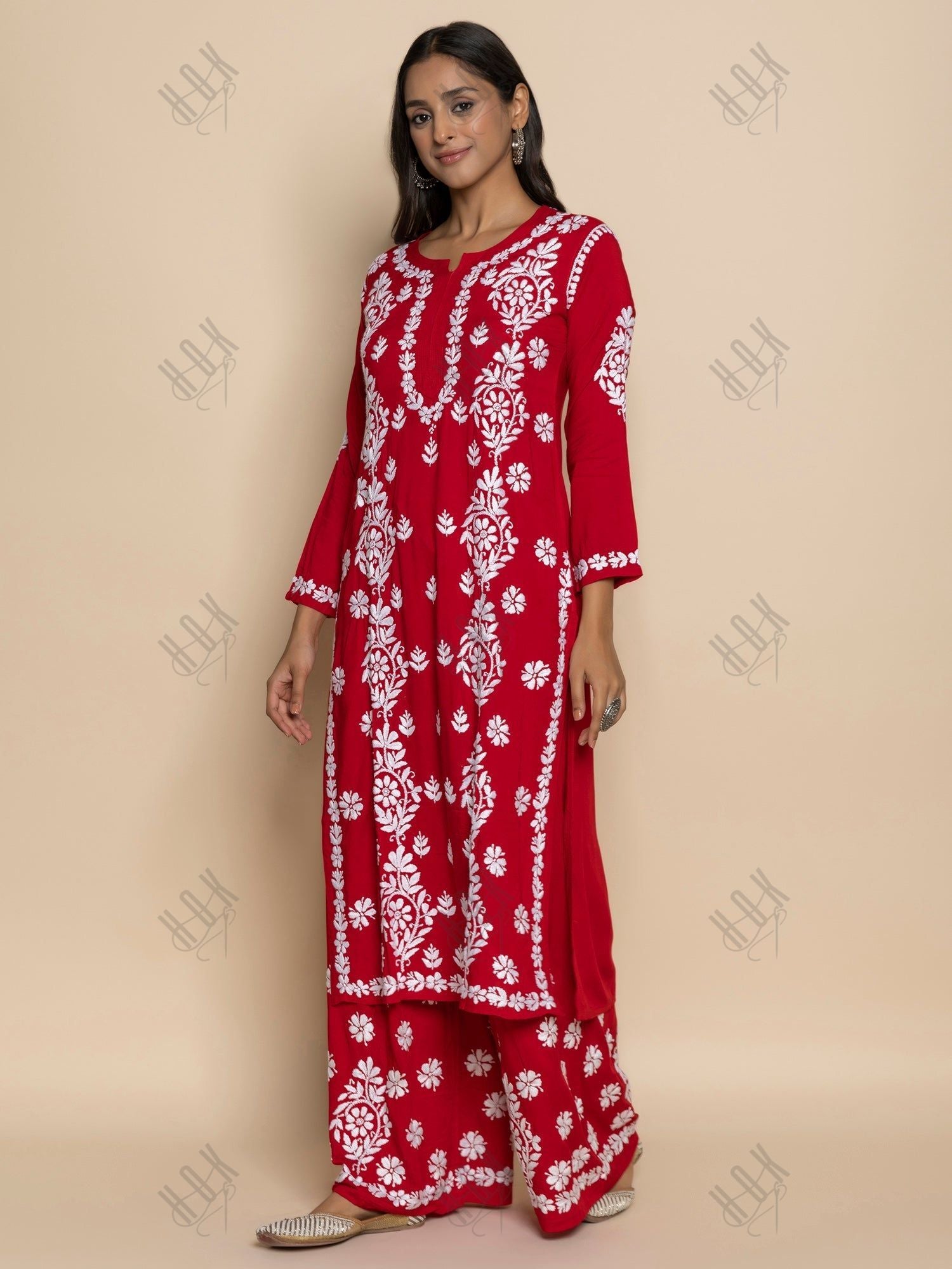 Parisa in chikankari Kurta in Modal cotton with Notch Neck Red