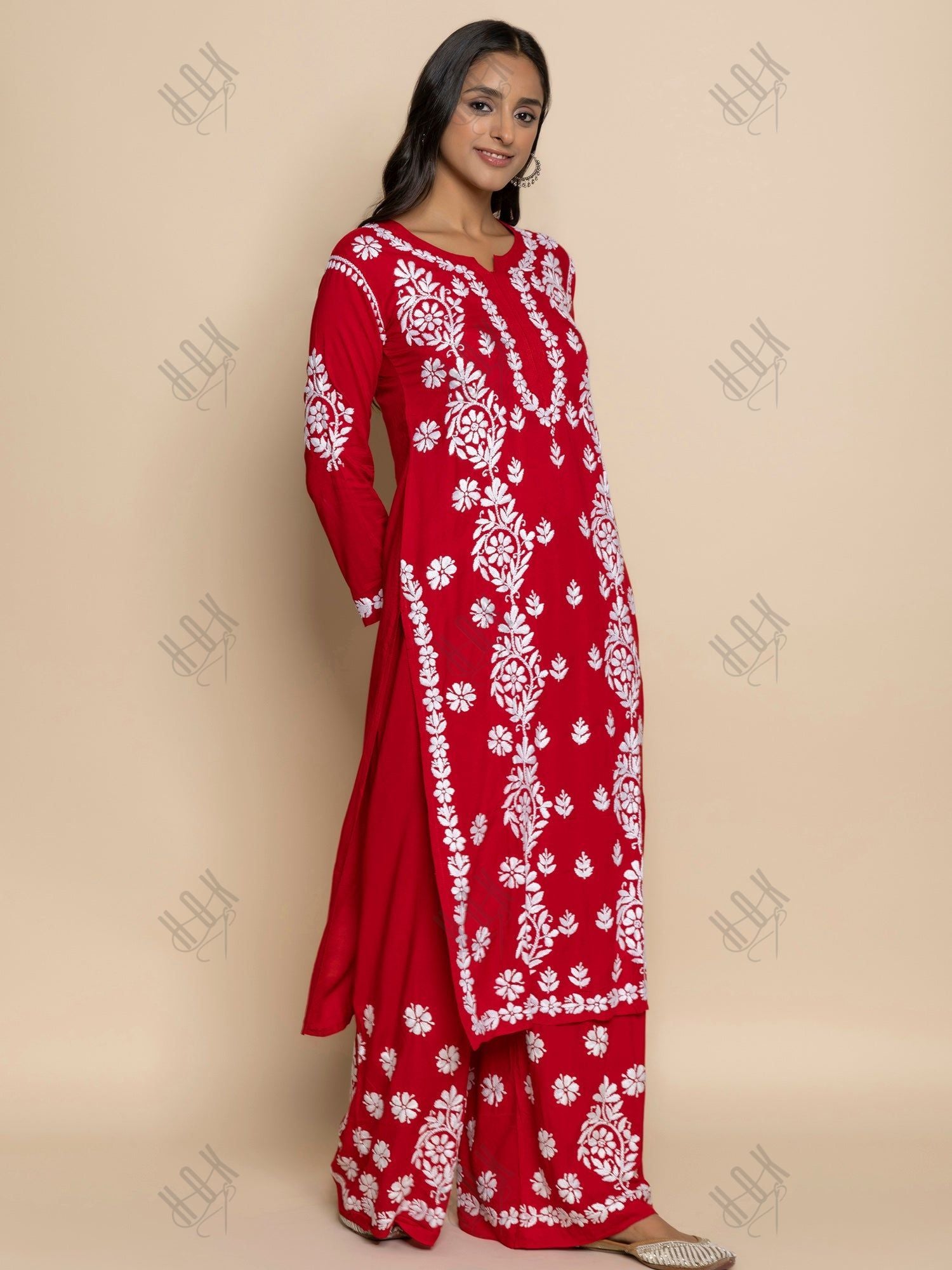 Fizaa chikankari Kurta in Modal cotton with Notch Neck Red