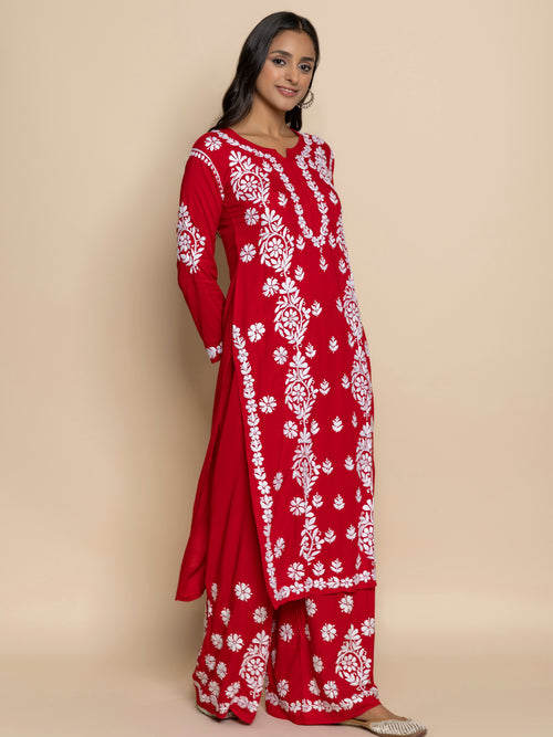Fizaa chikankari Kurta in Modal cotton with Notch Neck Red