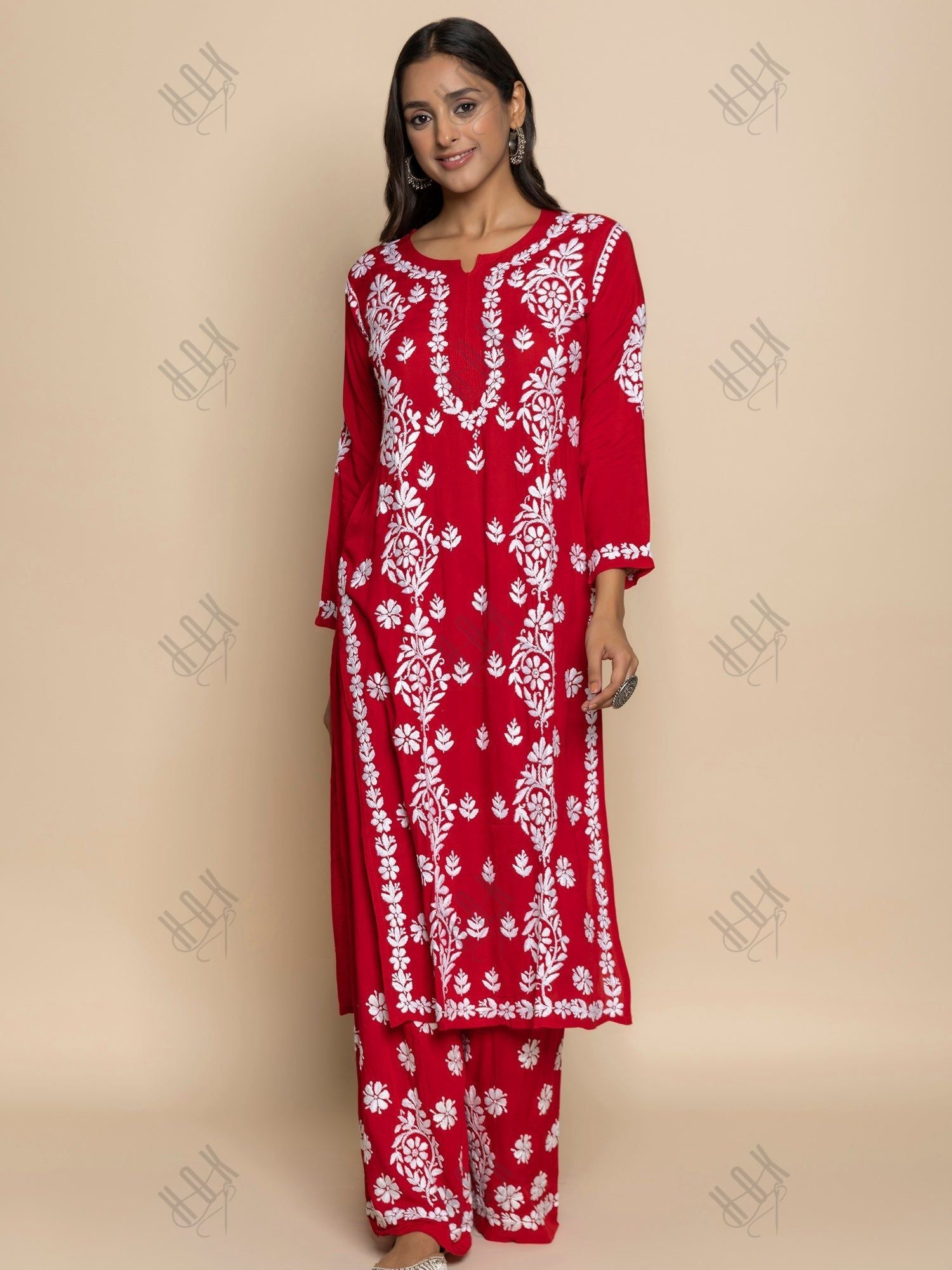 Parisa in chikankari Kurta in Modal cotton with Notch Neck Red