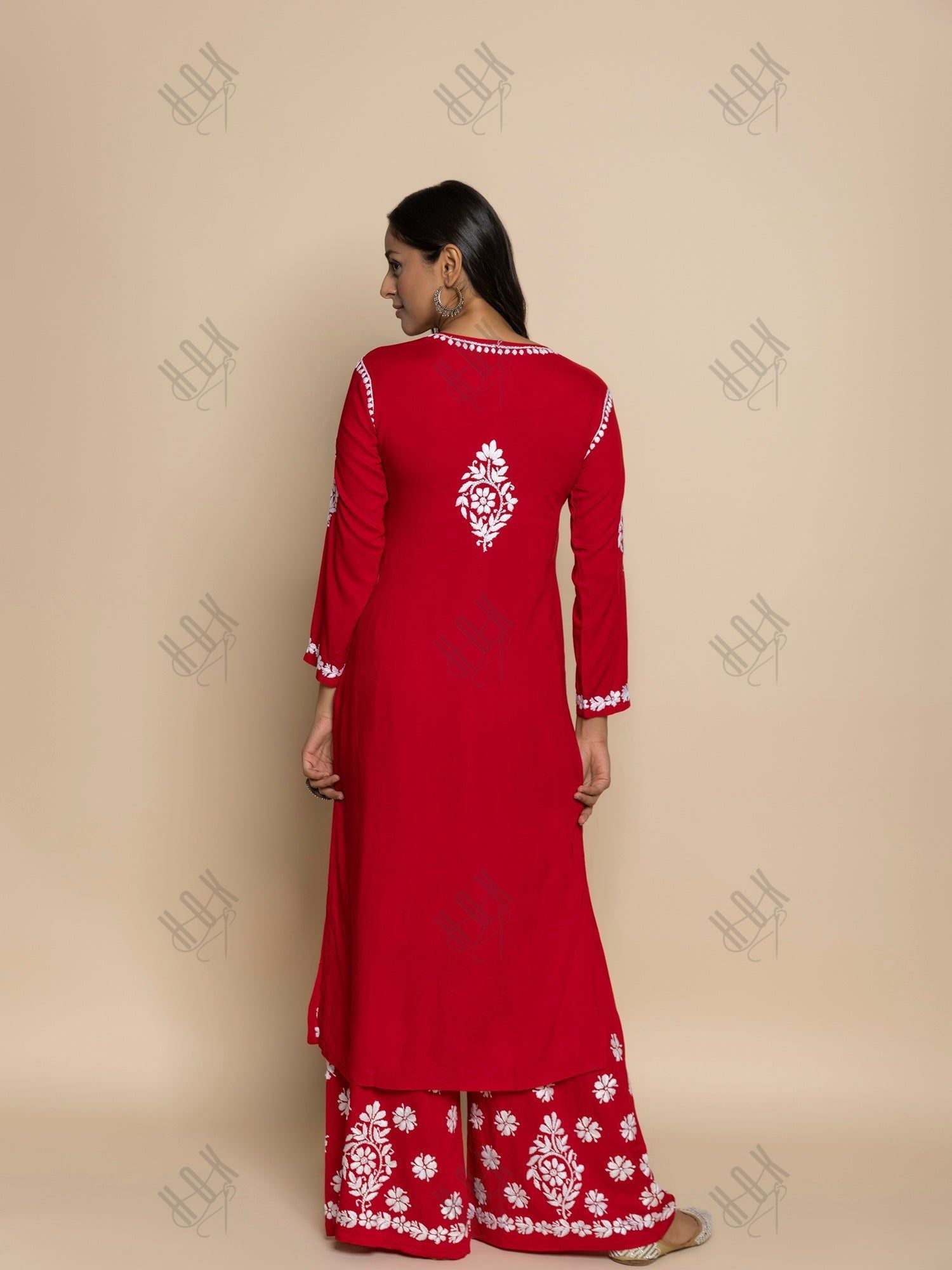 Parisa in chikankari Kurta in Modal cotton with Notch Neck Red