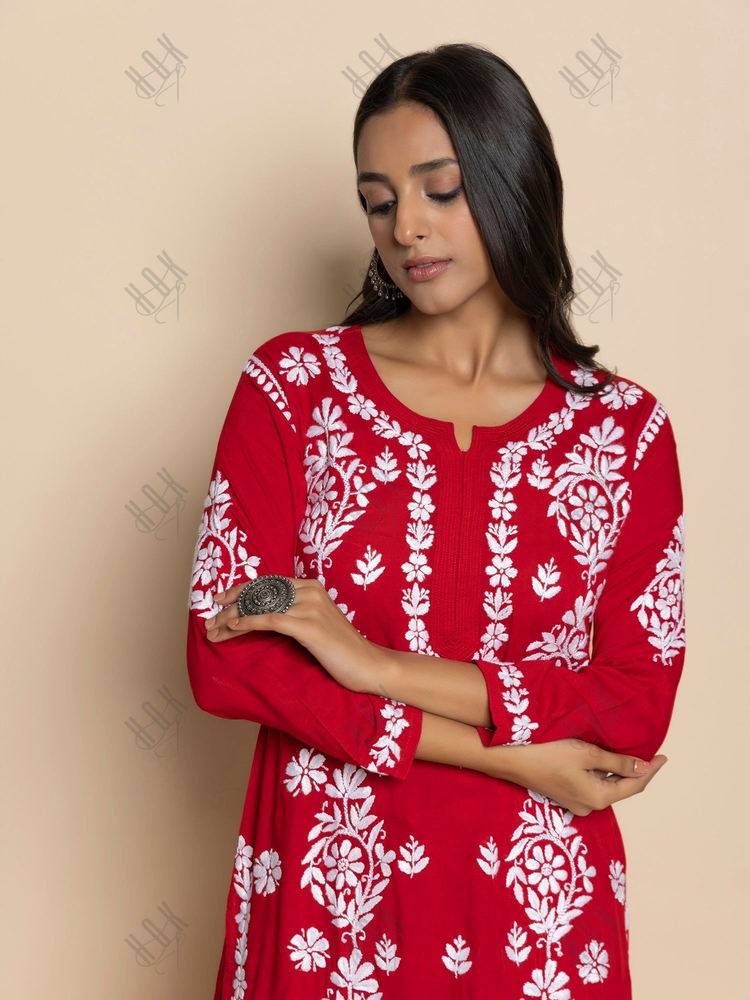 Parisa in chikankari Kurta in Modal cotton with Notch Neck Red