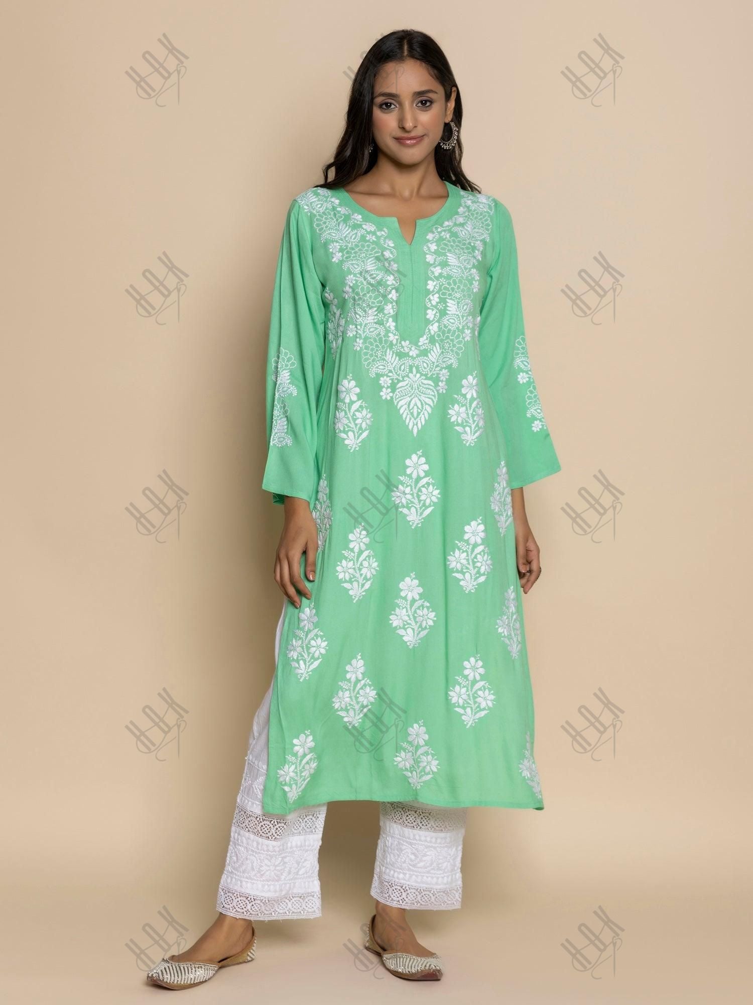 Fizaa Hand Embroidered Chikankari Kurta in Sea Green - House Of Kari (Chikankari Clothing)