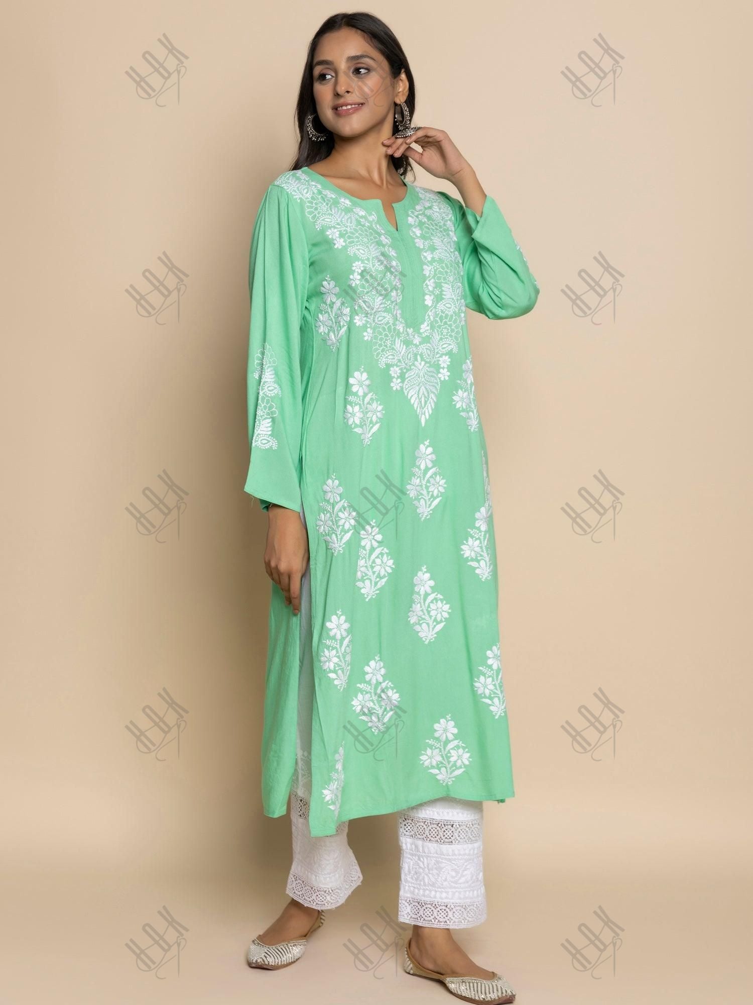 Fizaa Hand Embroidered Chikankari Kurta in Sea Green - House Of Kari (Chikankari Clothing)