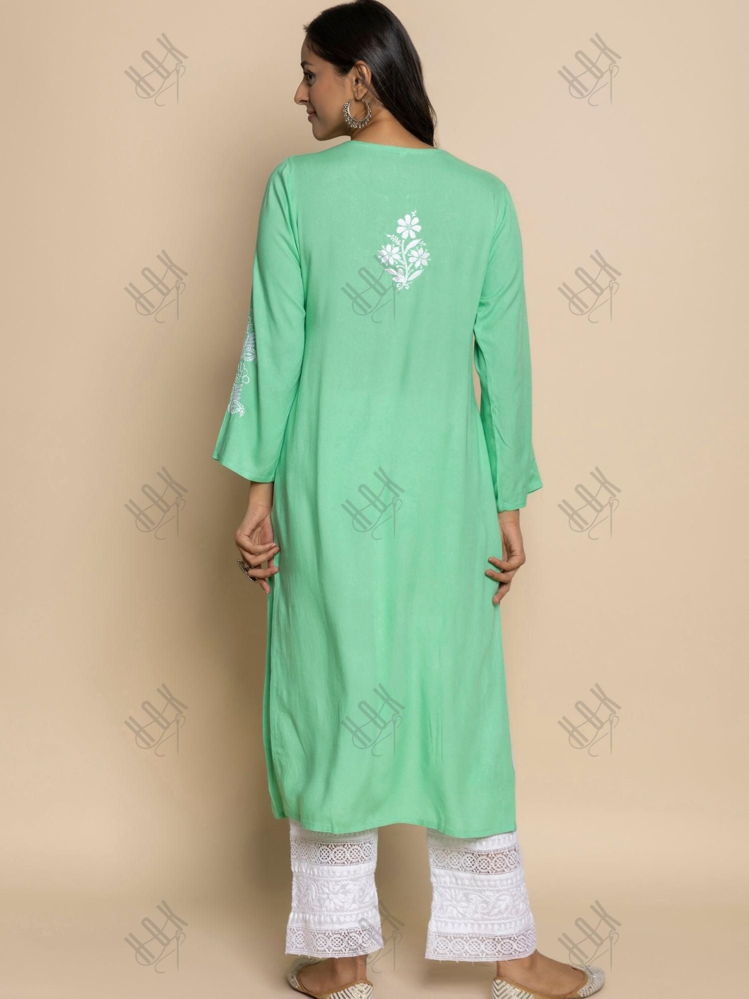 Fizaa Hand Embroidered Chikankari Kurta in Sea Green - House Of Kari (Chikankari Clothing)