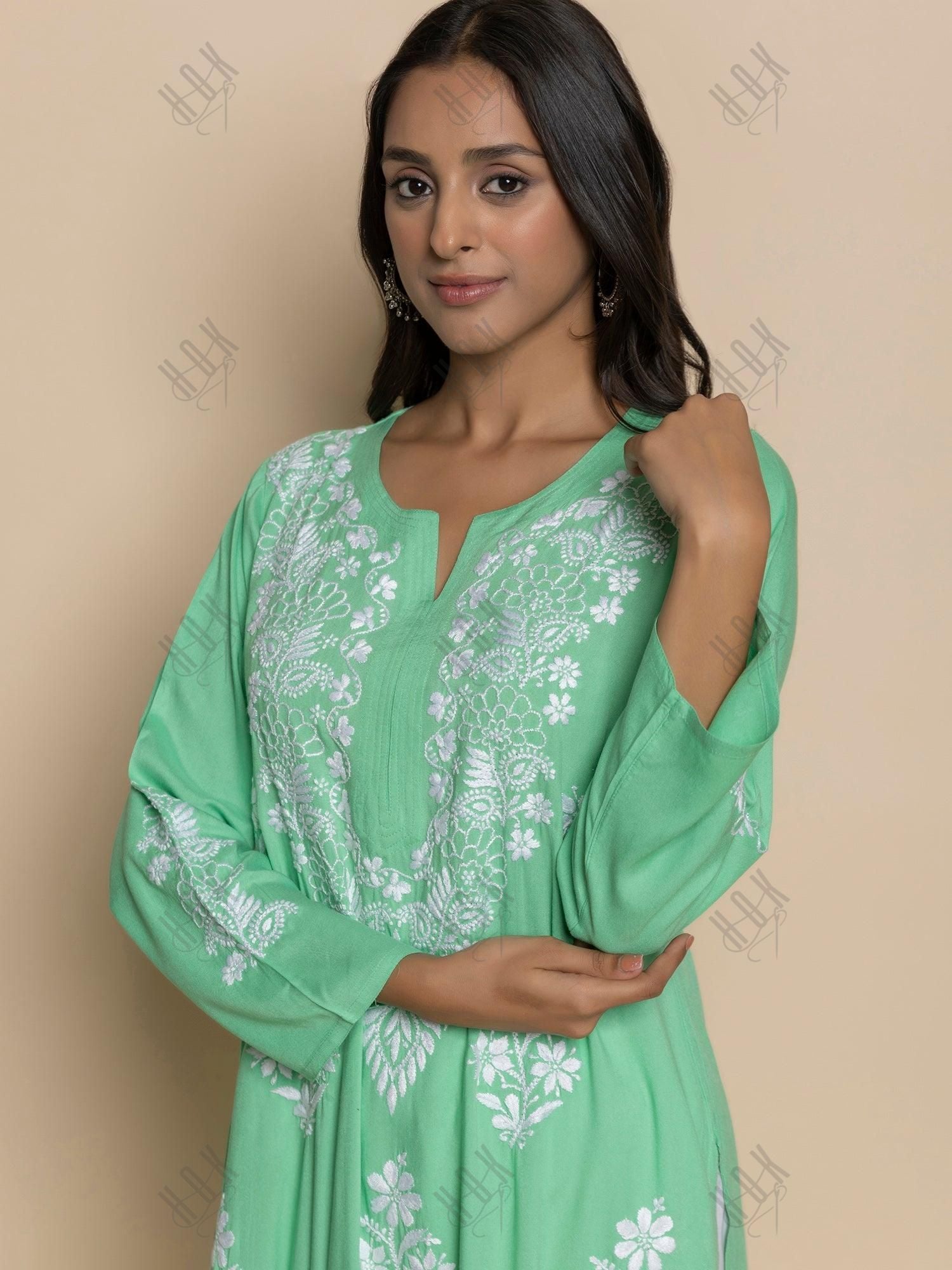 Fizaa Hand Embroidered Chikankari Kurta in Sea Green - House Of Kari (Chikankari Clothing)