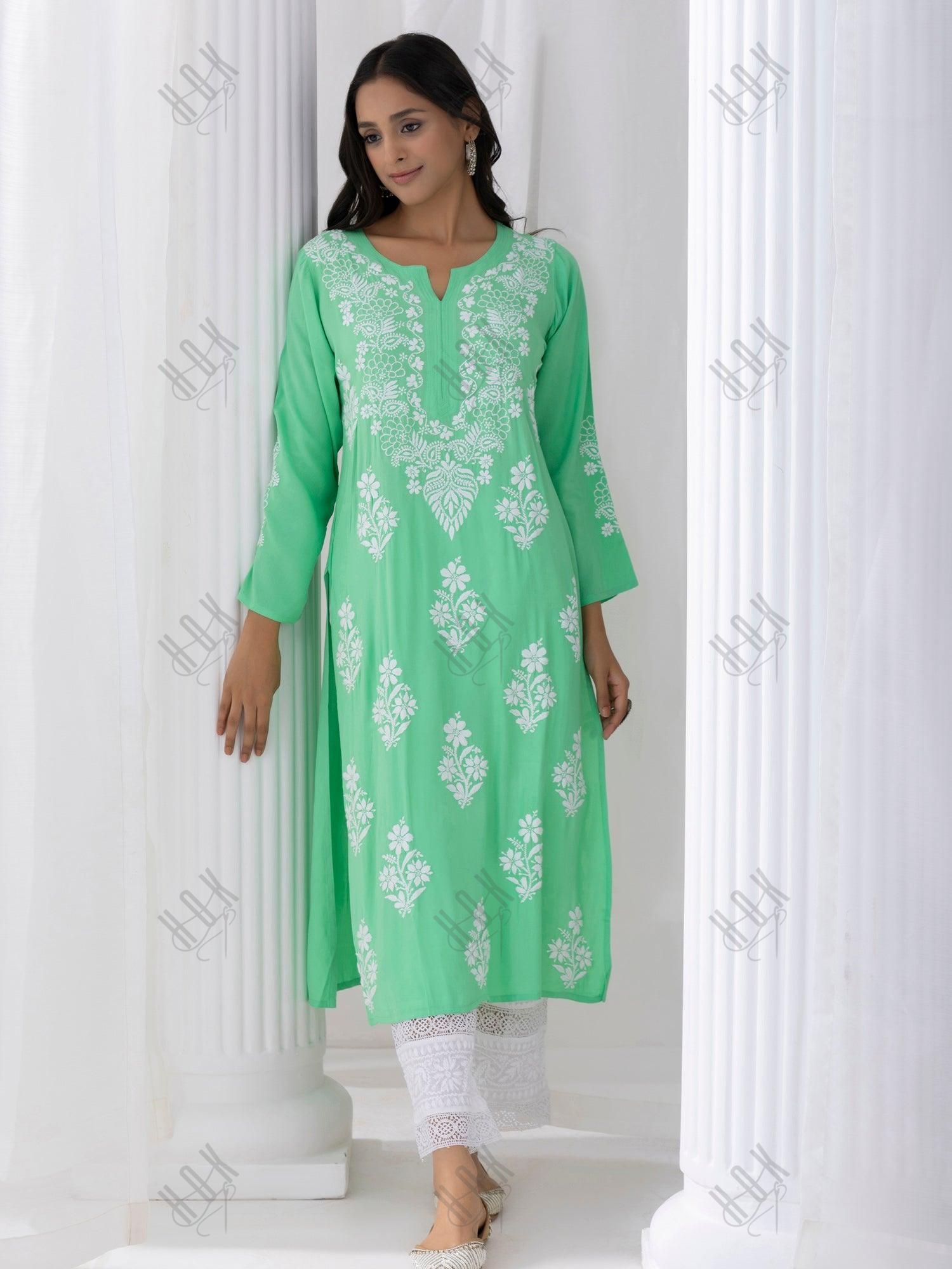 Fizaa Hand Embroidered Chikankari Kurta in Sea Green - House Of Kari (Chikankari Clothing)