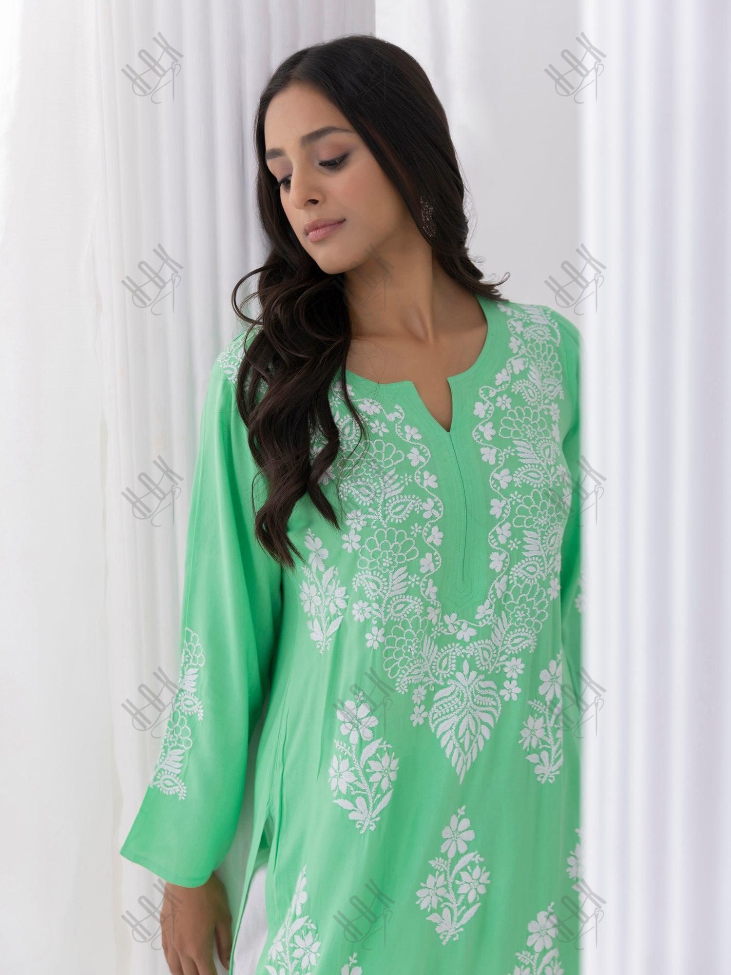 Fizaa Hand Embroidered Chikankari Kurta in Sea Green - House Of Kari (Chikankari Clothing)