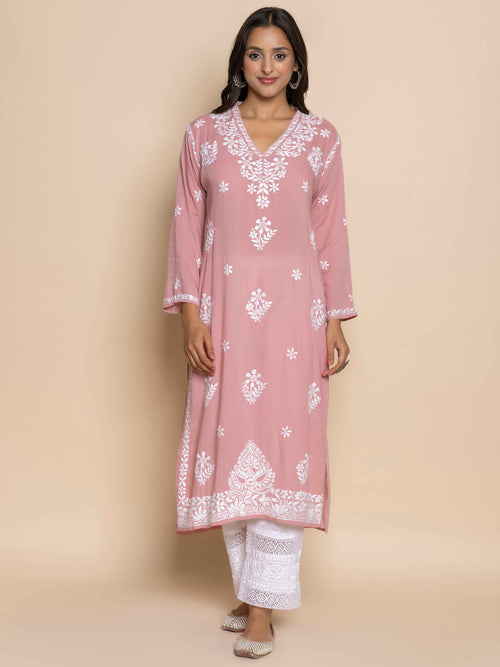 Load image into Gallery viewer, Fizaa Chikankari Long Kurta in Cotton for Women in Pink
