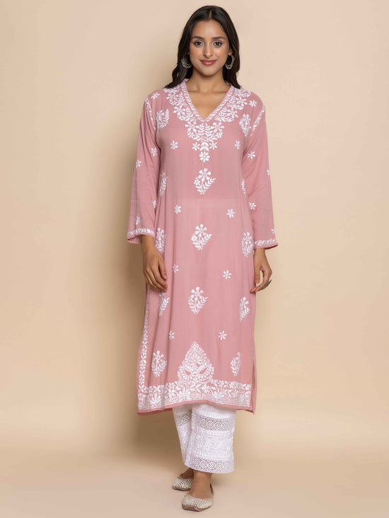 Fizaa Chikankari Long Kurta in Modal Cotton for Women in Pink