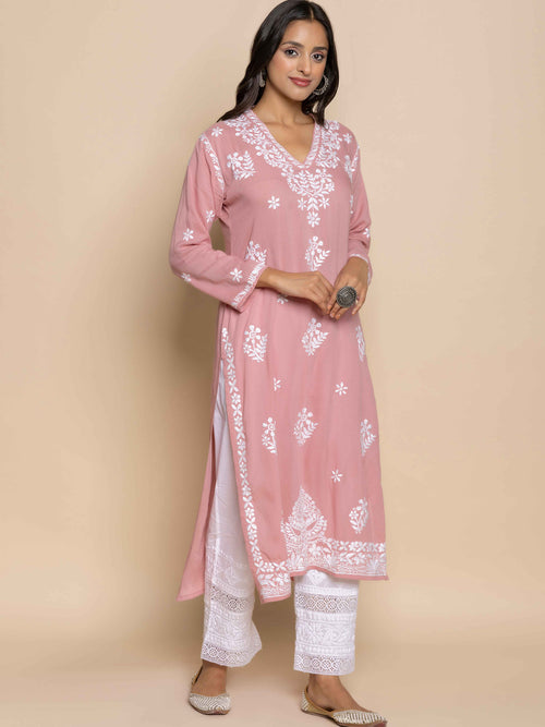 Load image into Gallery viewer, Fizaa Chikankari Long Kurta in Cotton for Women in Pink
