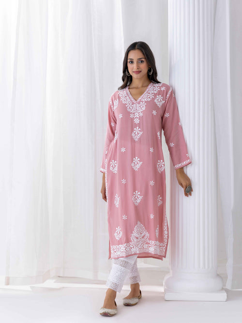 Fizaa Chikankari Long Kurta in Modal Cotton for Women in Pink