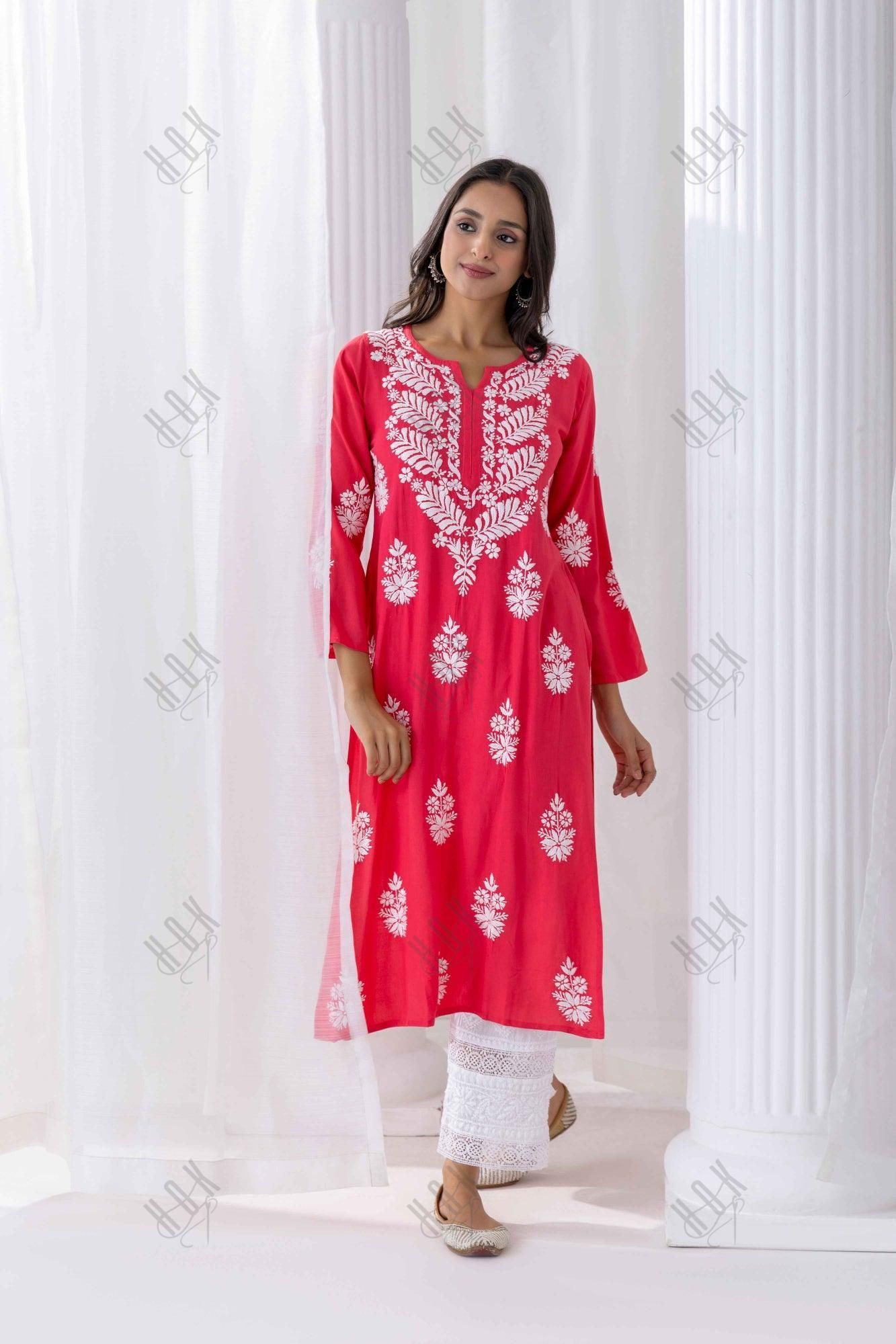 Fizaa chikankari Kurta in Red - House Of Kari (Chikankari Clothing)