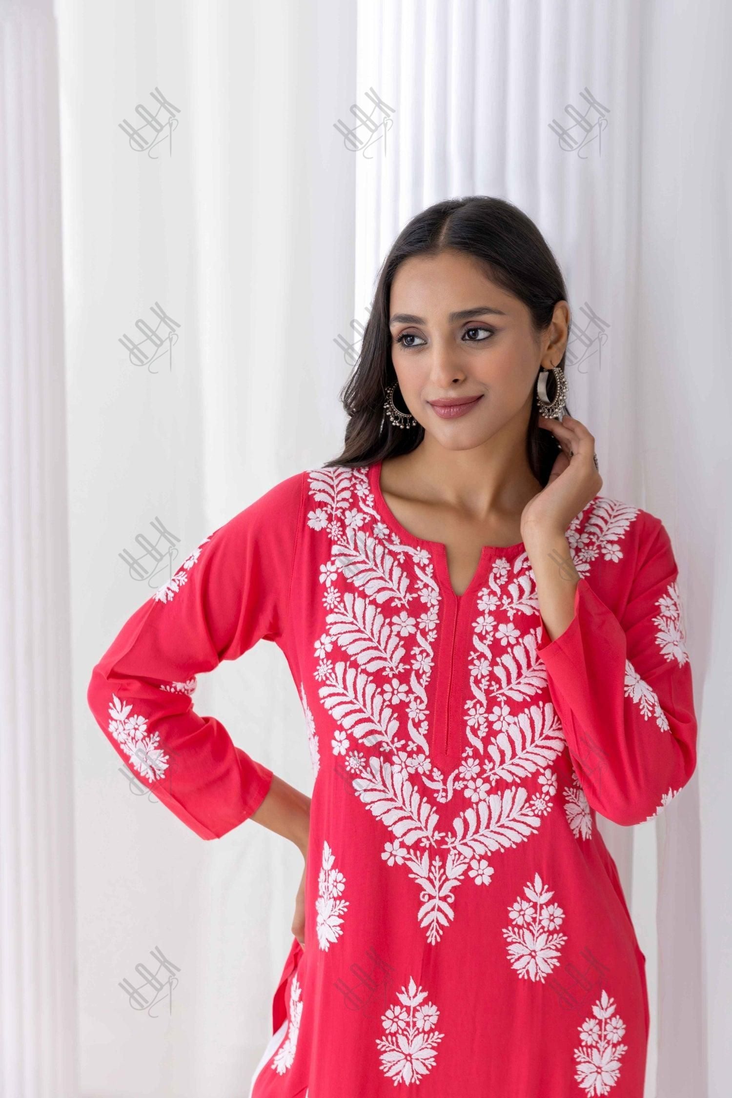 Fizaa chikankari Kurta in Red - House Of Kari (Chikankari Clothing)