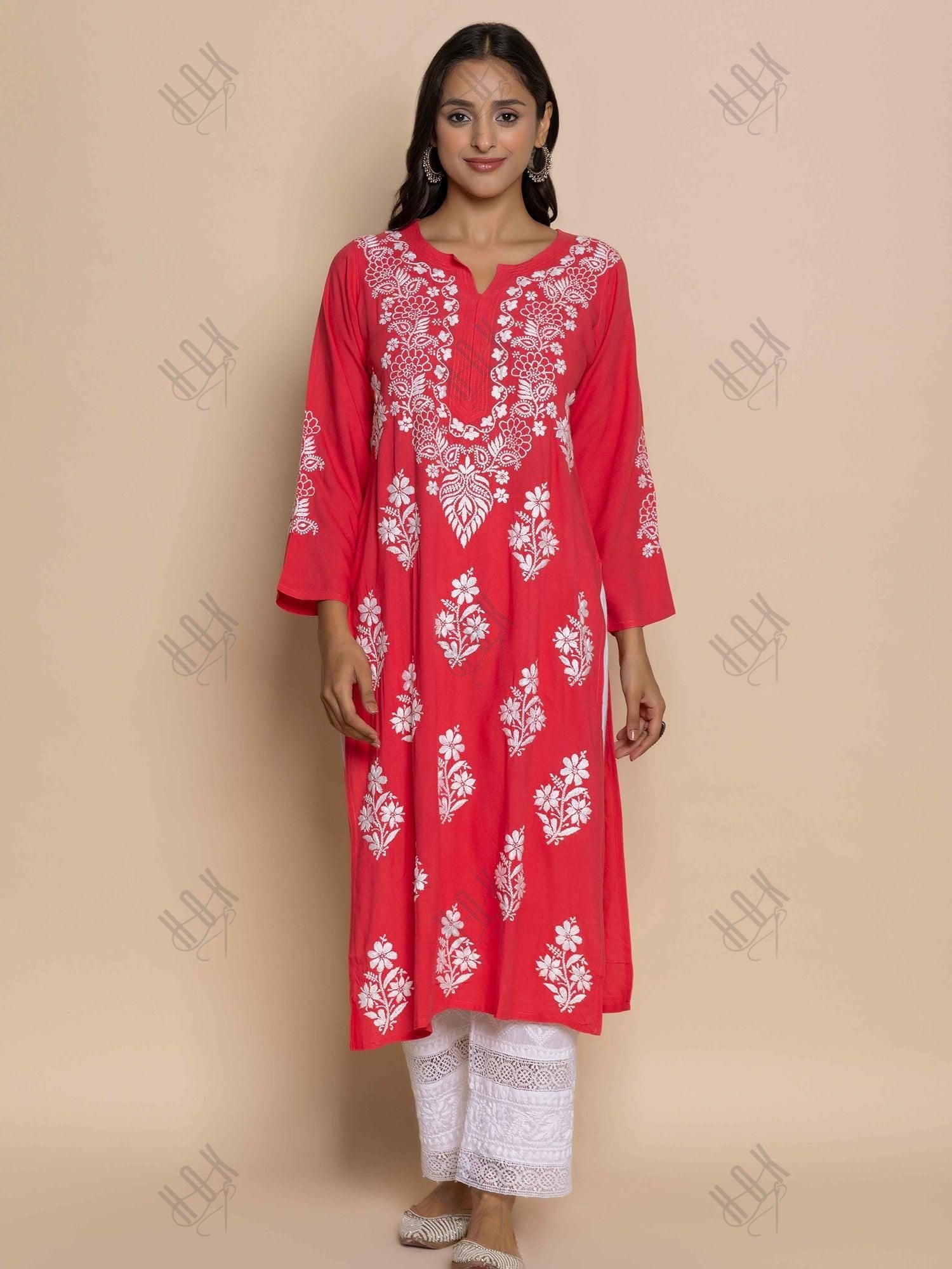 Fizaa Hand Embroidered Chikankari Kurta in Red - House Of Kari (Chikankari Clothing)