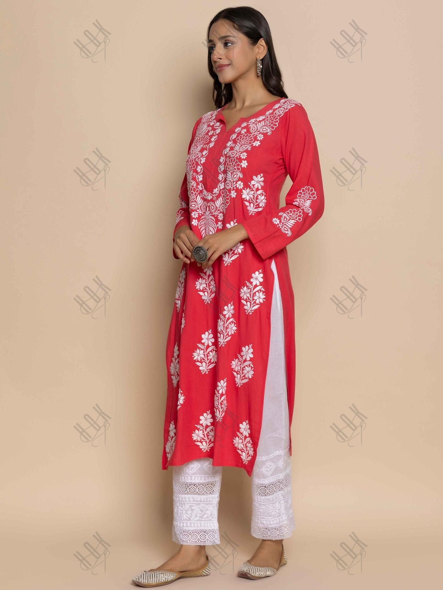 Fizaa Hand Embroidered Chikankari Kurta in Red - House Of Kari (Chikankari Clothing)