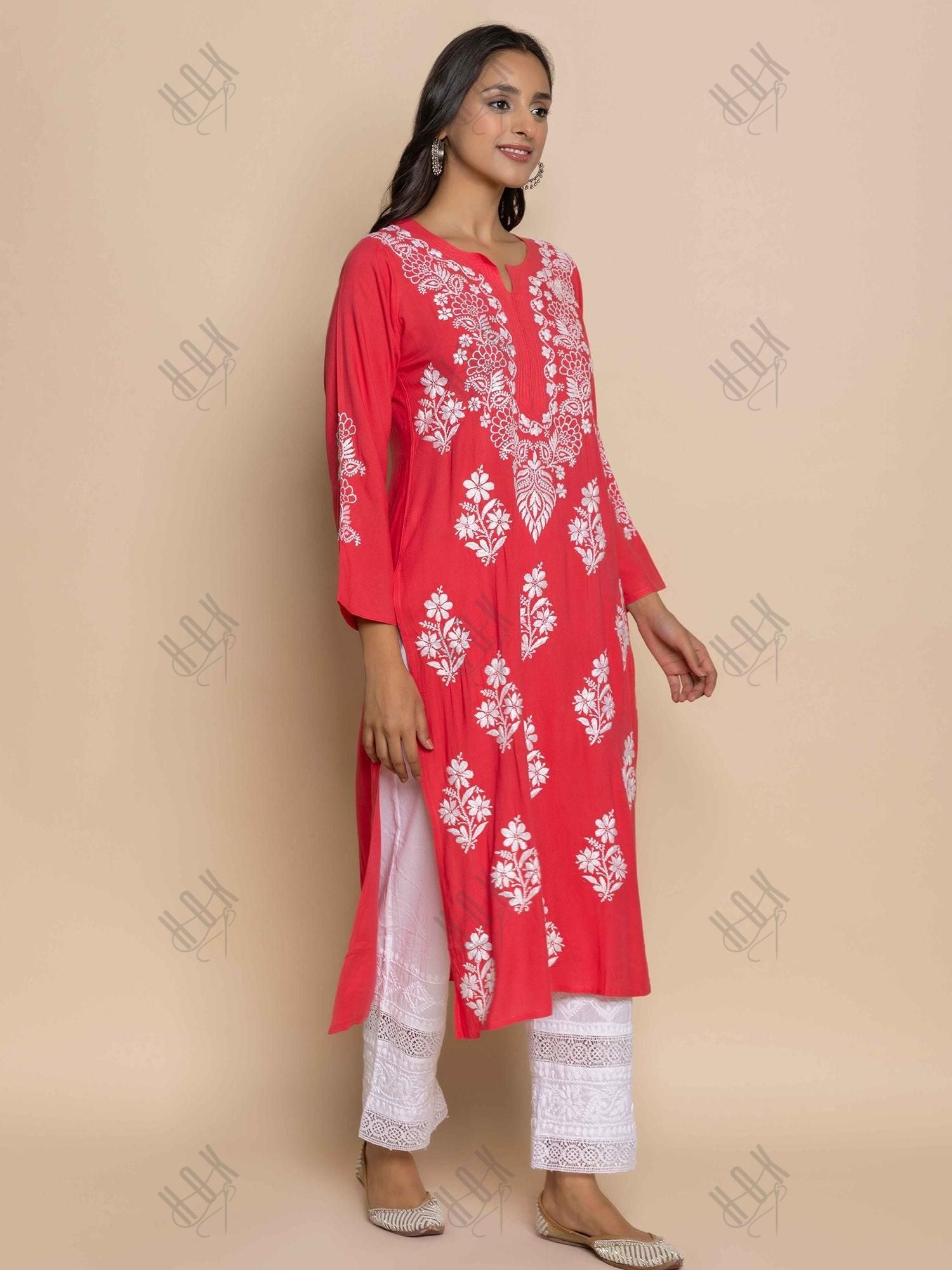 Fizaa Hand Embroidered Chikankari Kurta in Red - House Of Kari (Chikankari Clothing)