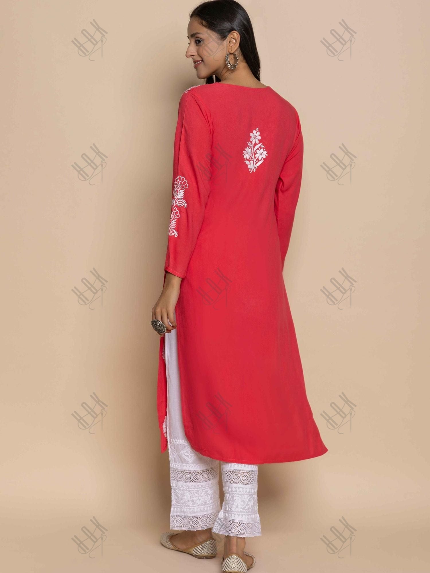 Fizaa Hand Embroidered Chikankari Kurta in Red - House Of Kari (Chikankari Clothing)